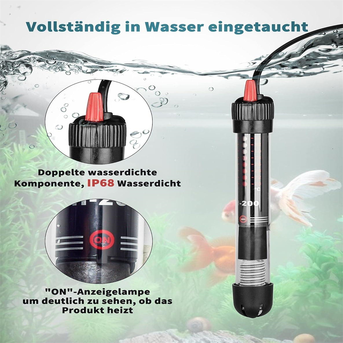 Aquariumheizung mit roter Kappe, Temperaturanzeige und Details, unter Wasser.
