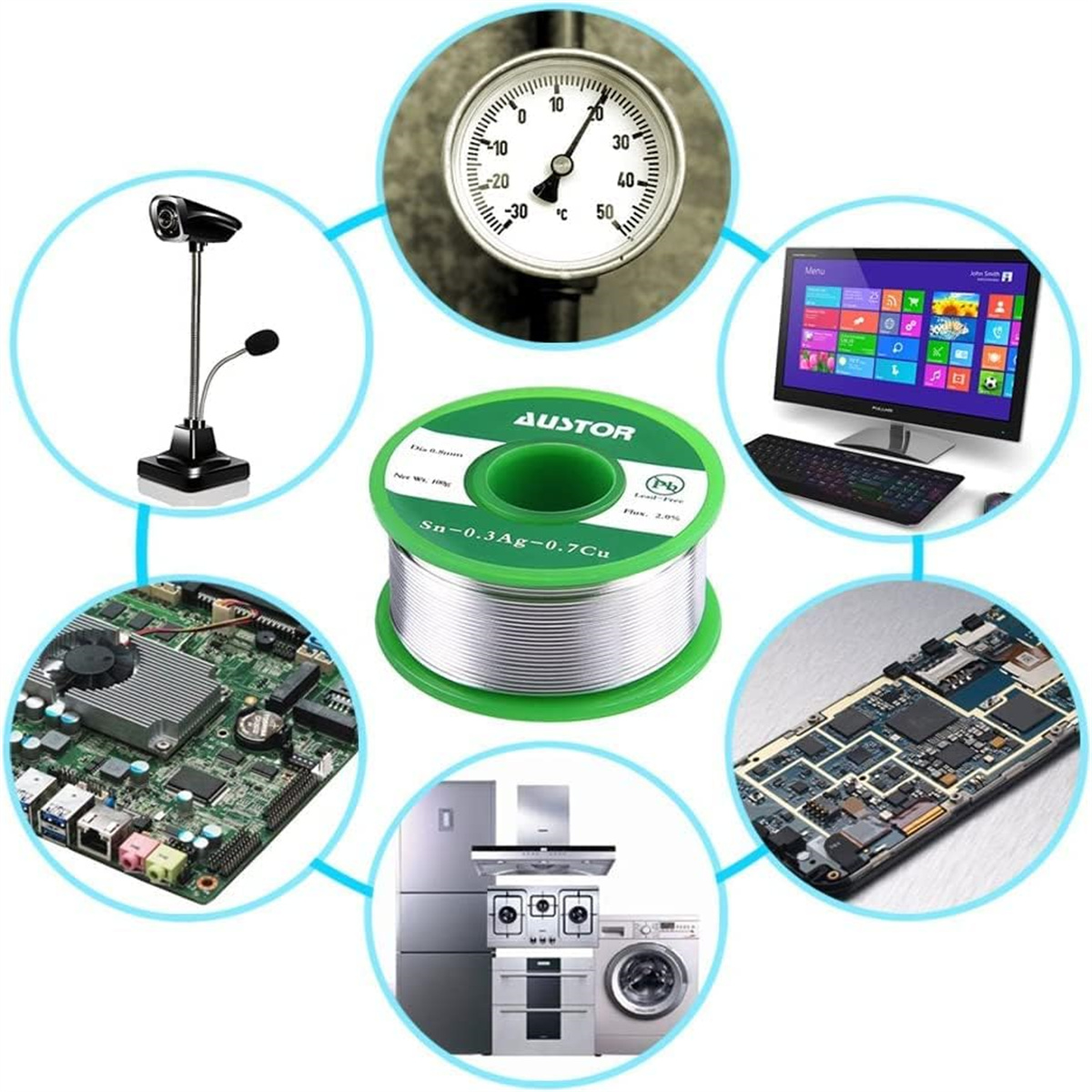 Verschiedene elektronische Komponenten umgeben eine Lötzinnrolle, mit Messgerät und Monitor.