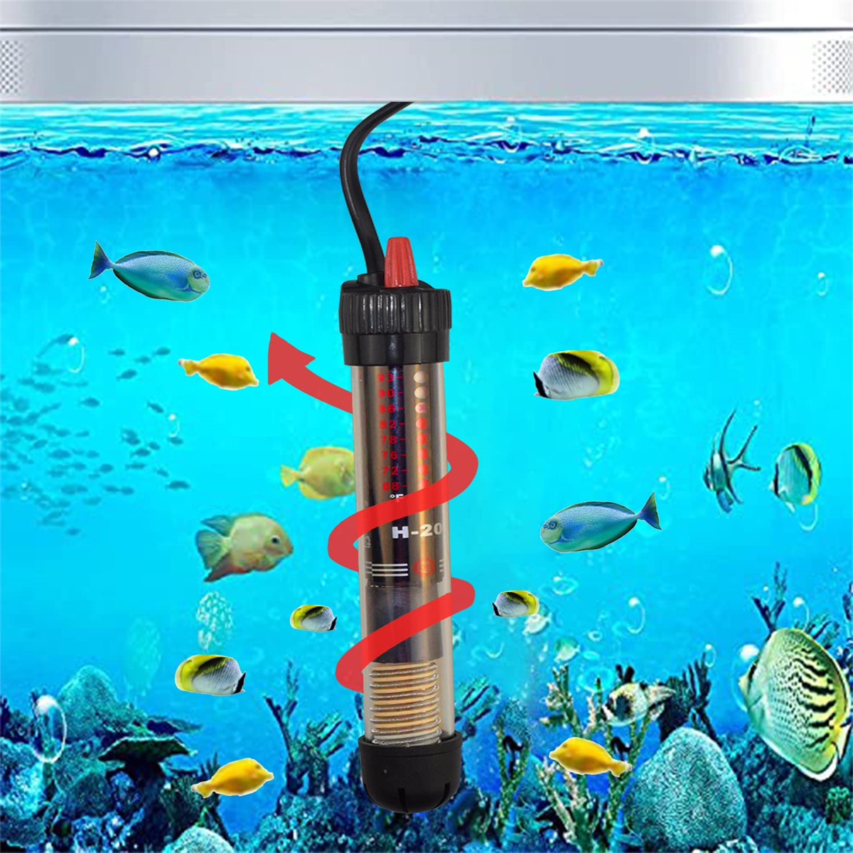 Aquarium mit Fischen, einem Heizstab mit rotem Pfeil und Blasen. Fische sind gelb und blau.