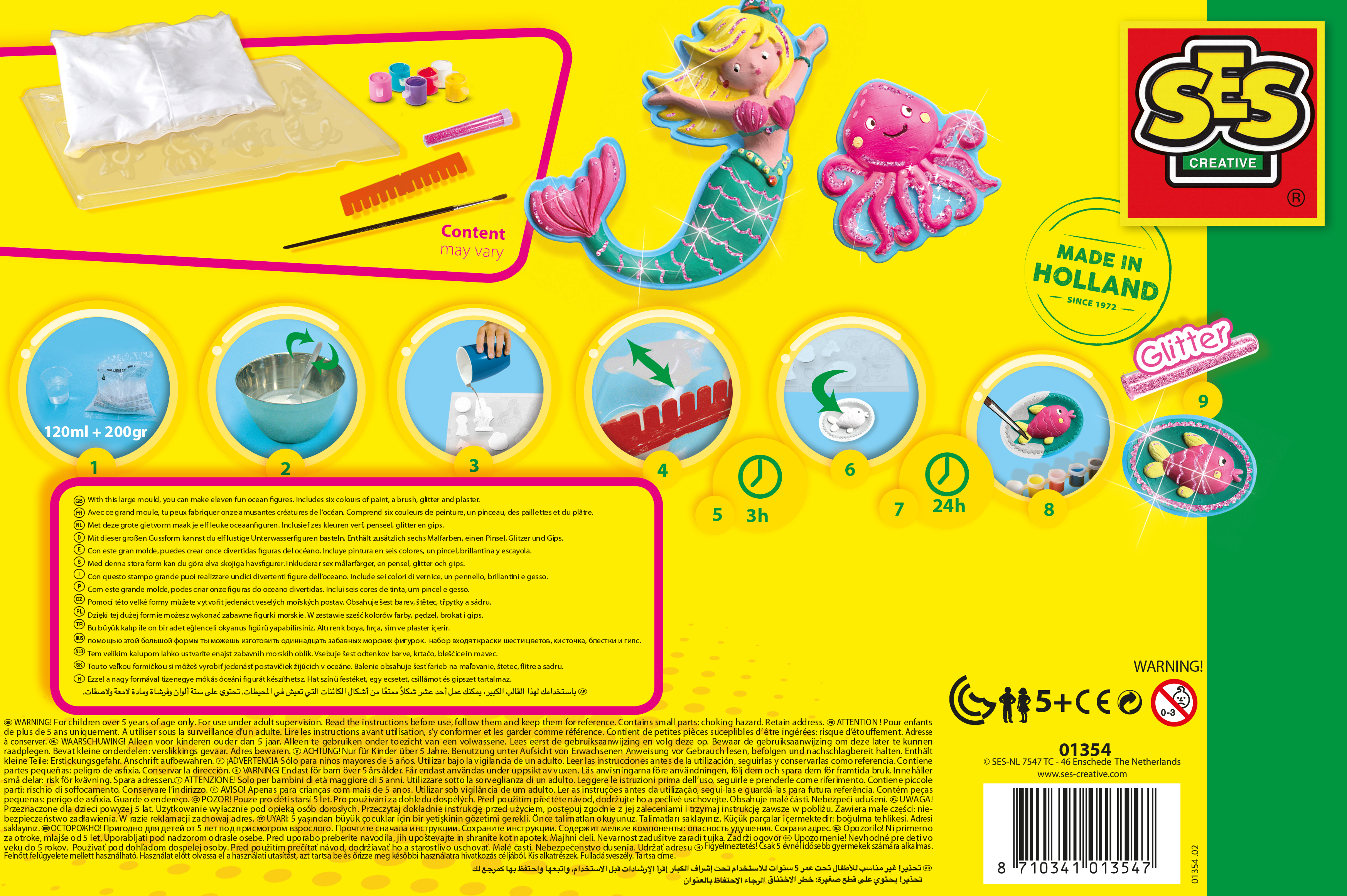 Pudełko z logo SES Creative, syreną i innymi materiałami rzemieślniczymi. Instrukcje na pudełku.