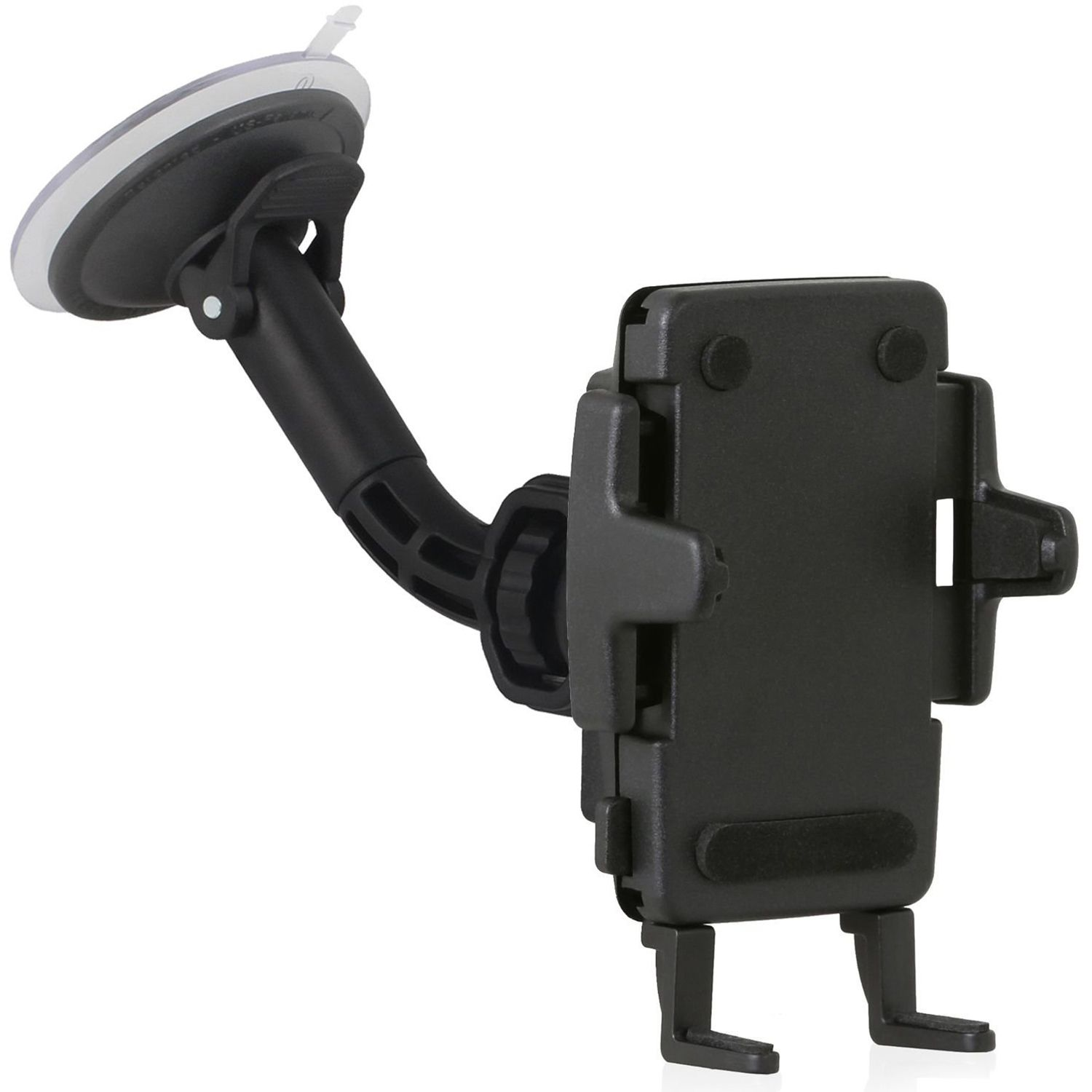 Eine schwarze Autotelefonhalterung. Es ist mit einem Saugnapf an einer Windschutzscheibe befestigt.