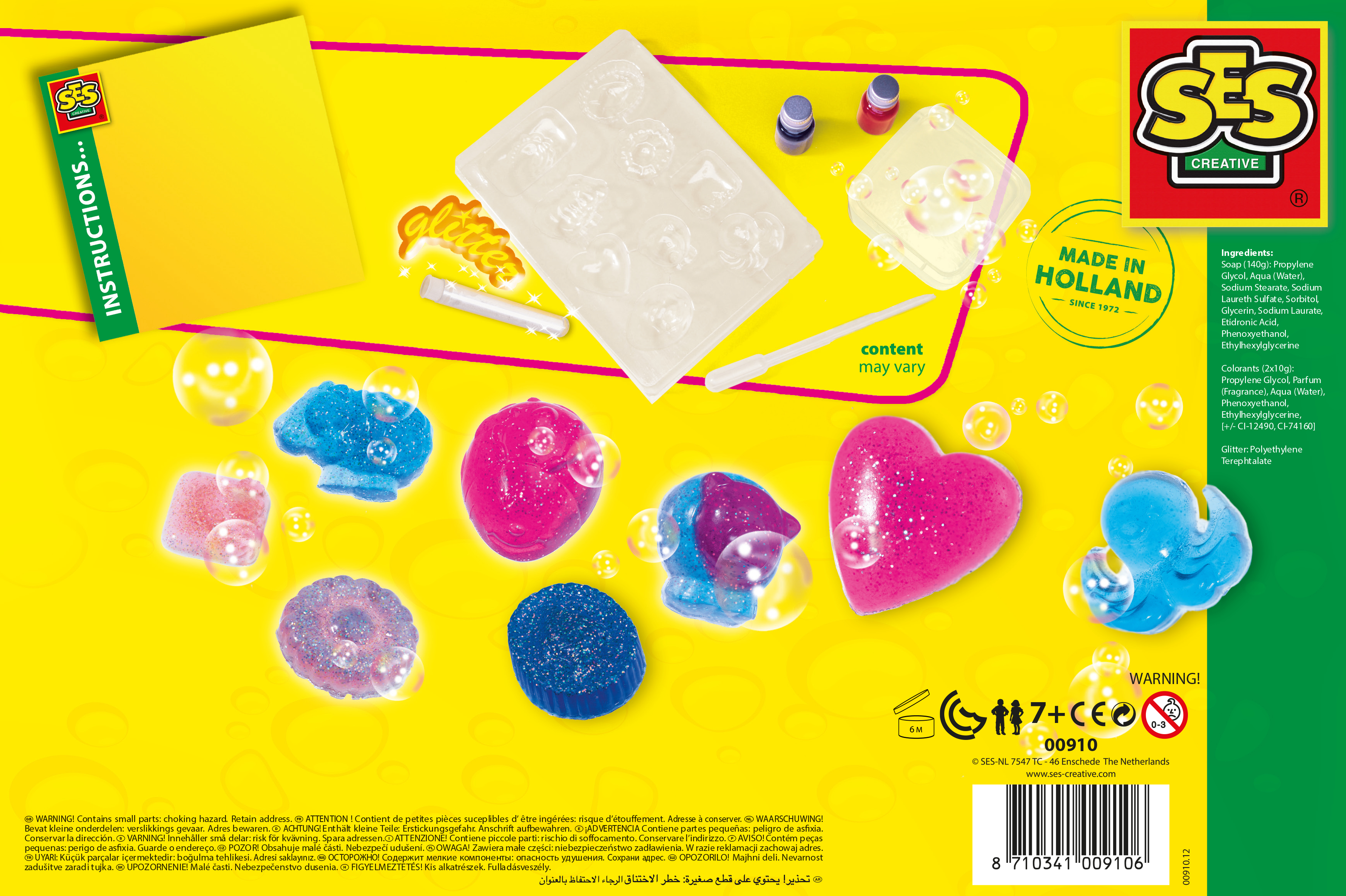 Tył pudełka z bąbelkami i kolorowymi kształtami. Tekst w wielu językach.