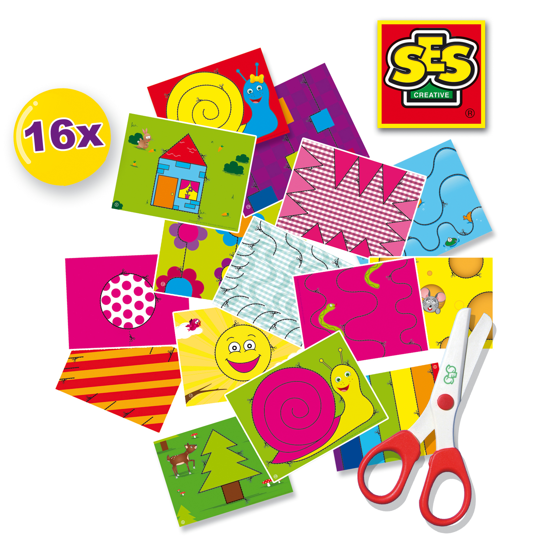 Bunte Karten mit Zeichnungen, Schere und ein gelber Kreis mit '16x'.