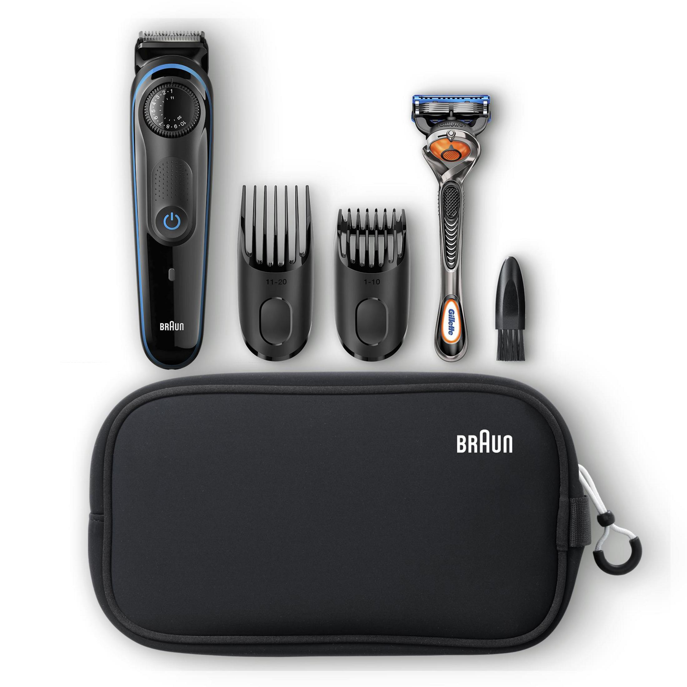 Kit de afeitado Braun con recortadora, afeitadora, accesorios y estuche.