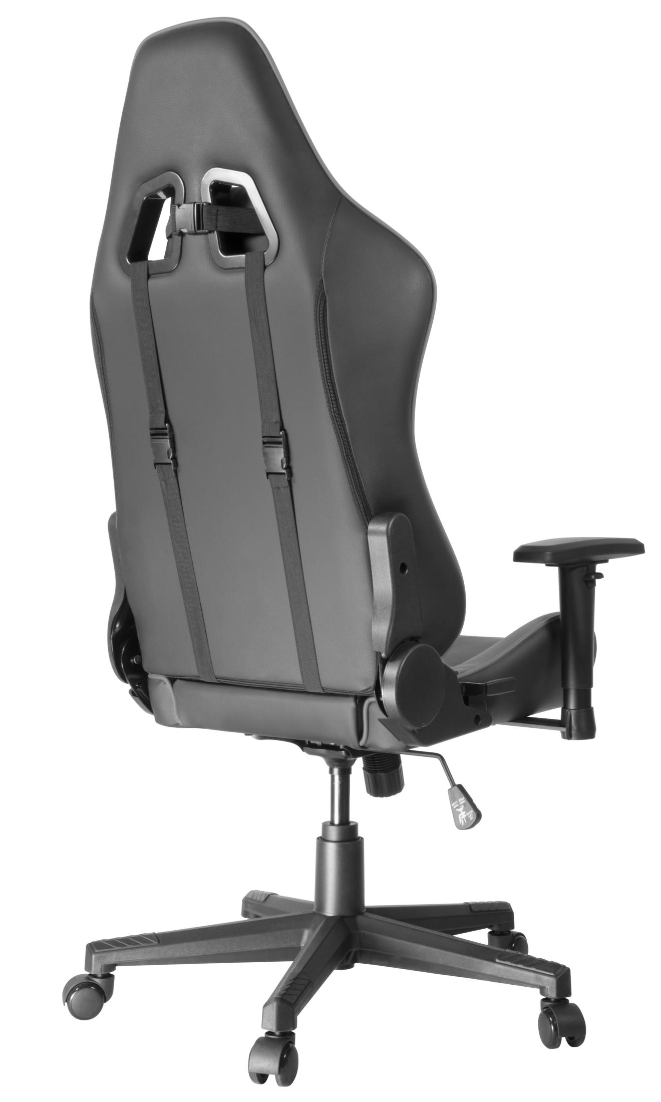 Schwarzer Gaming-Stuhl von hinten. Er hat eine hohe Rückenlehne mit Gurten.
