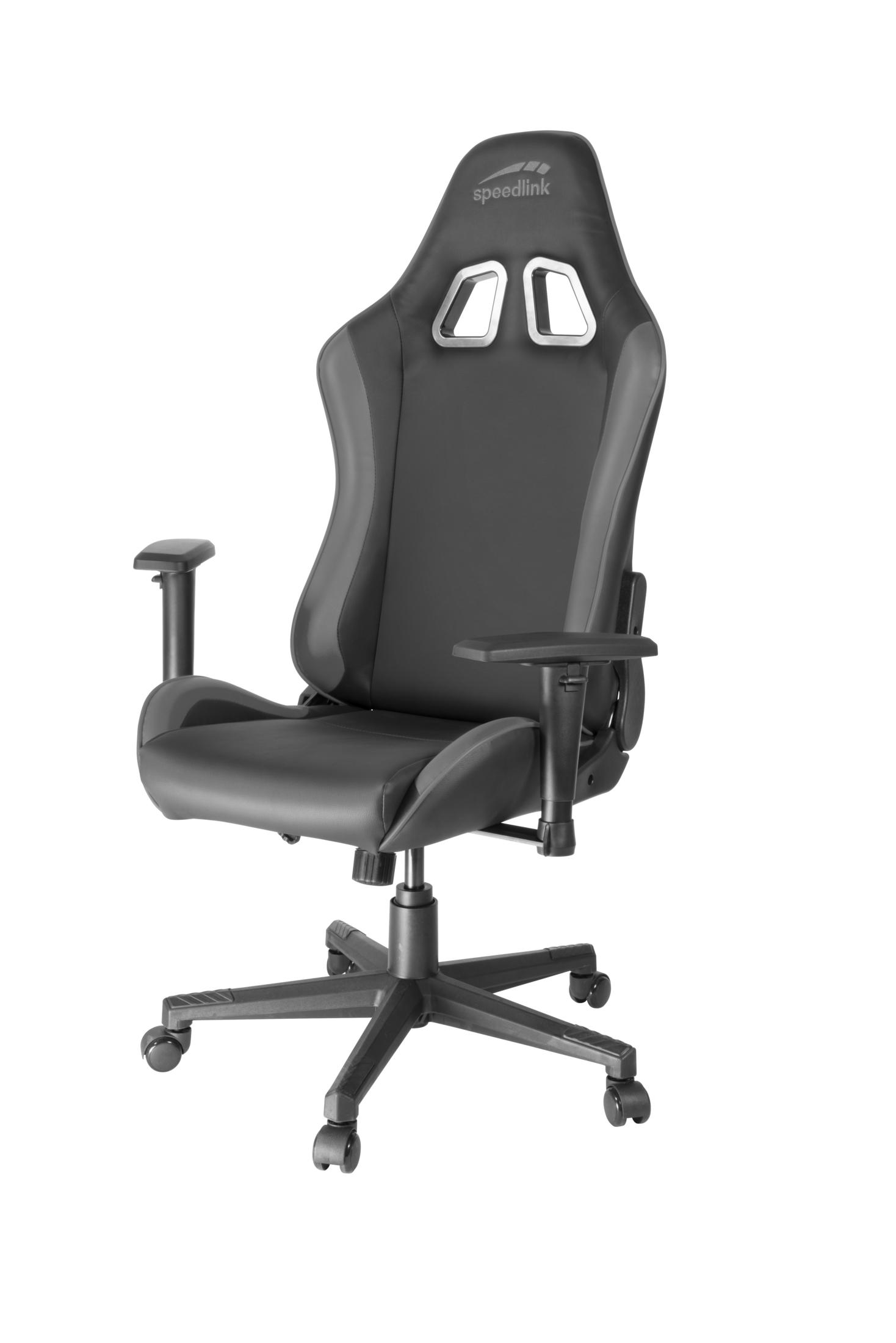 Schwarzer und grauer Gaming-Stuhl mit Kopfstütze. Der Stuhl steht auf weißem Hintergrund.