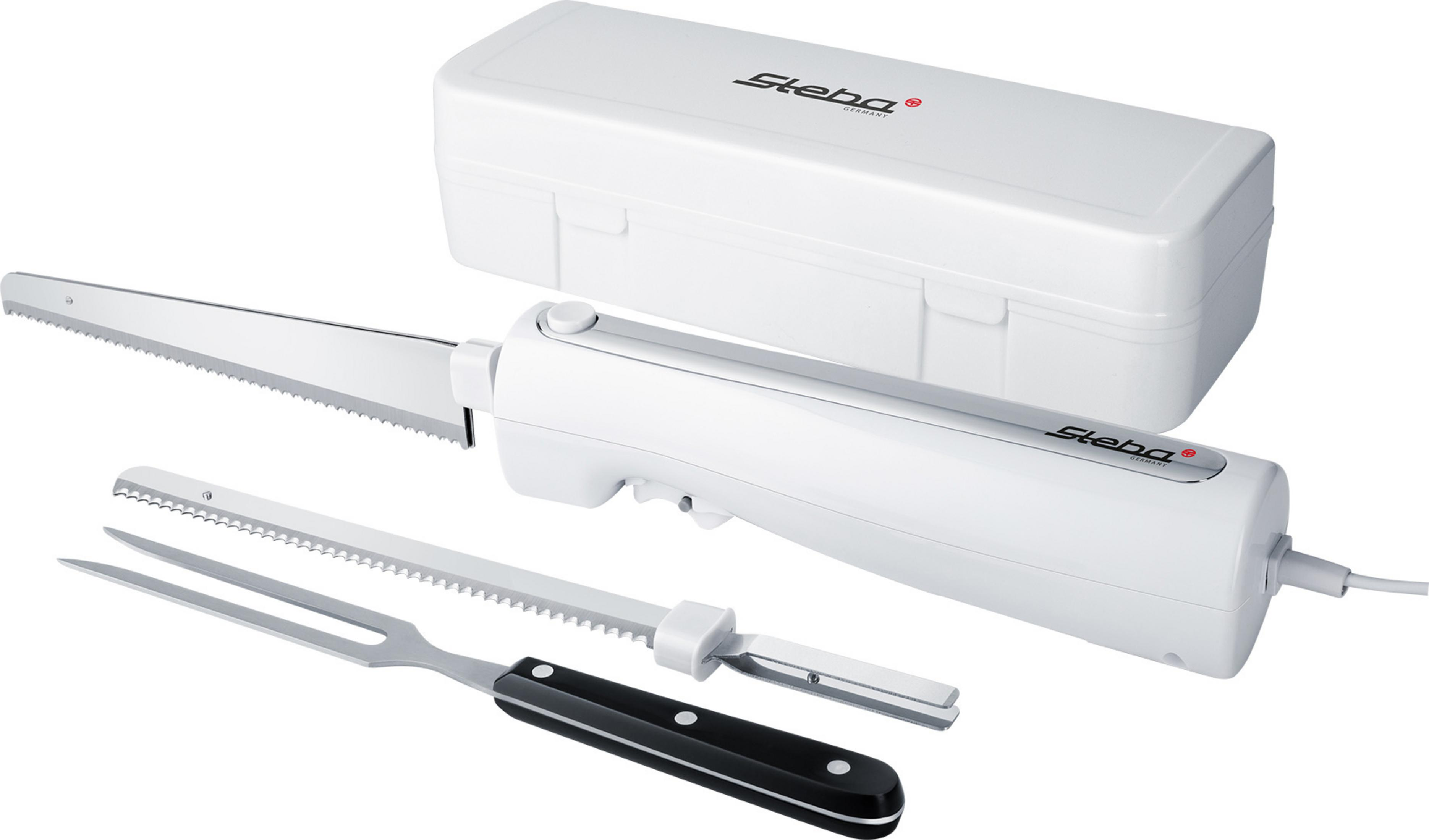 Coltello elettrico da taglio bianco con custodia e lama. Forchetta nera. Sfondo bianco.