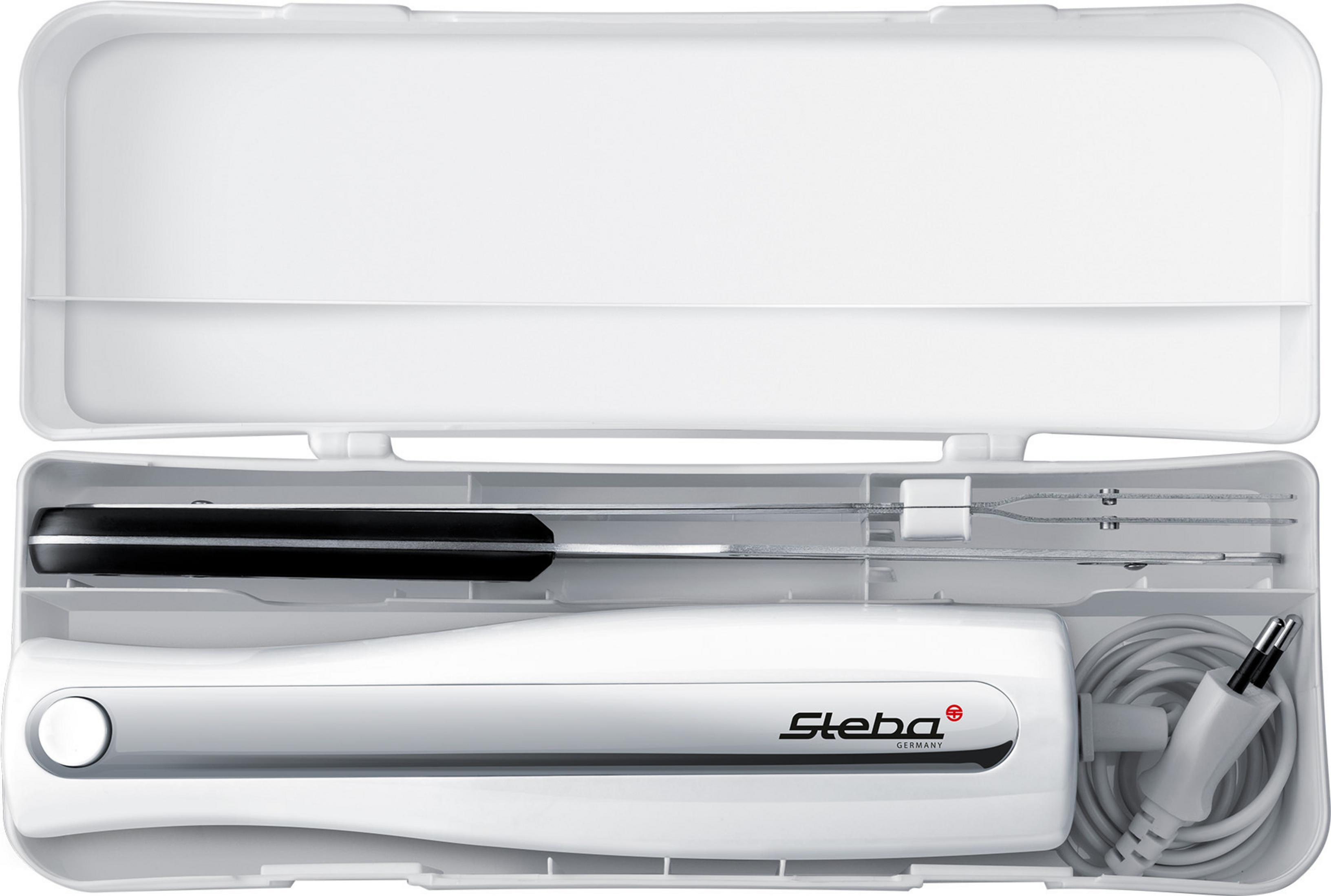 Coltello elettrico per intaglio in custodia bianca. Lama e manico neri, il resto è bianco.