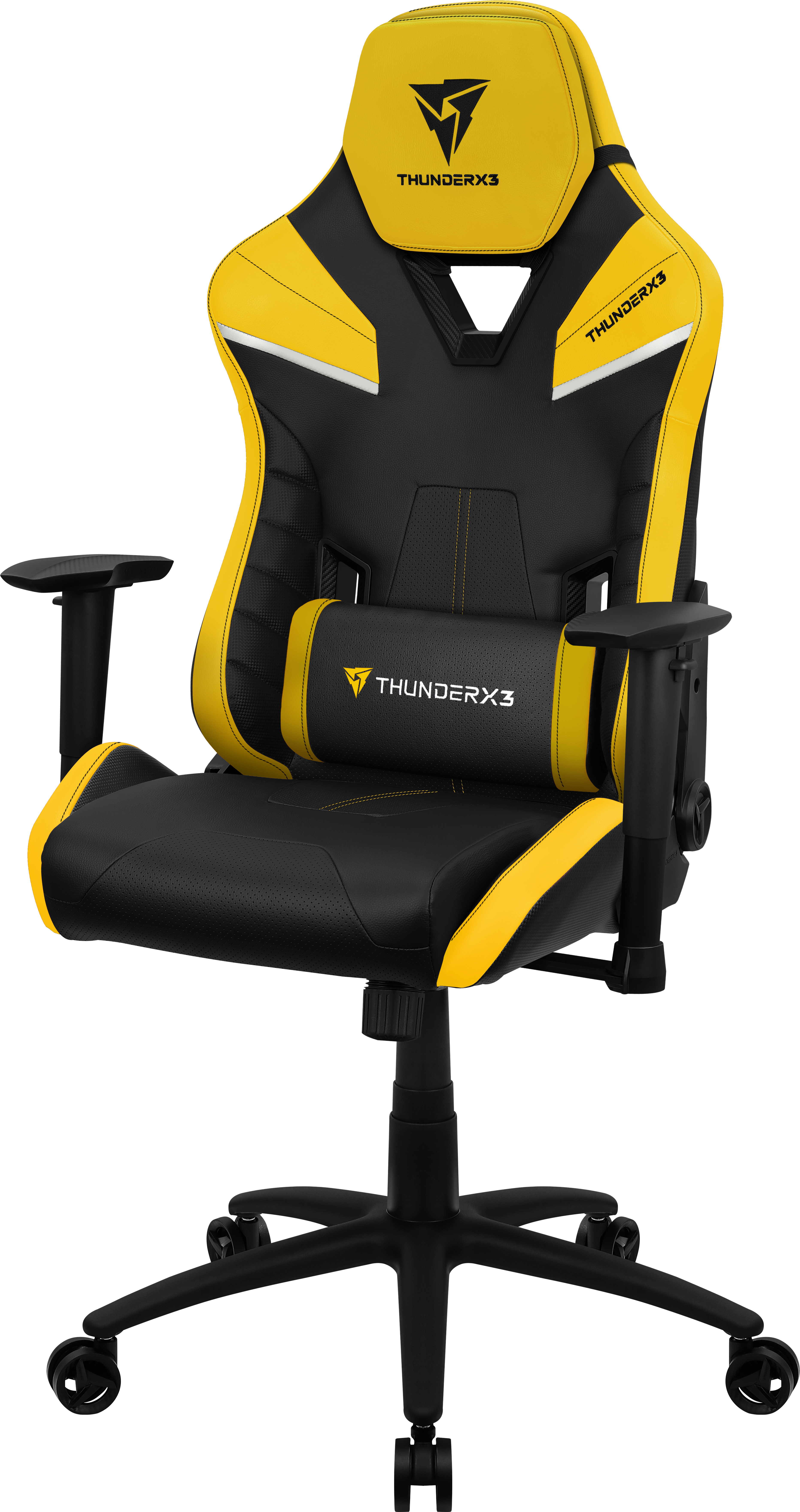 Een gele en zwarte gamestoel met het ThunderX3 logo.