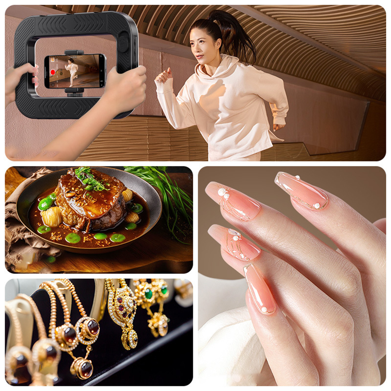 Eine Collage von Bildern: Person filmt, Frau rennt, Essen, Nägel und Schmuck.