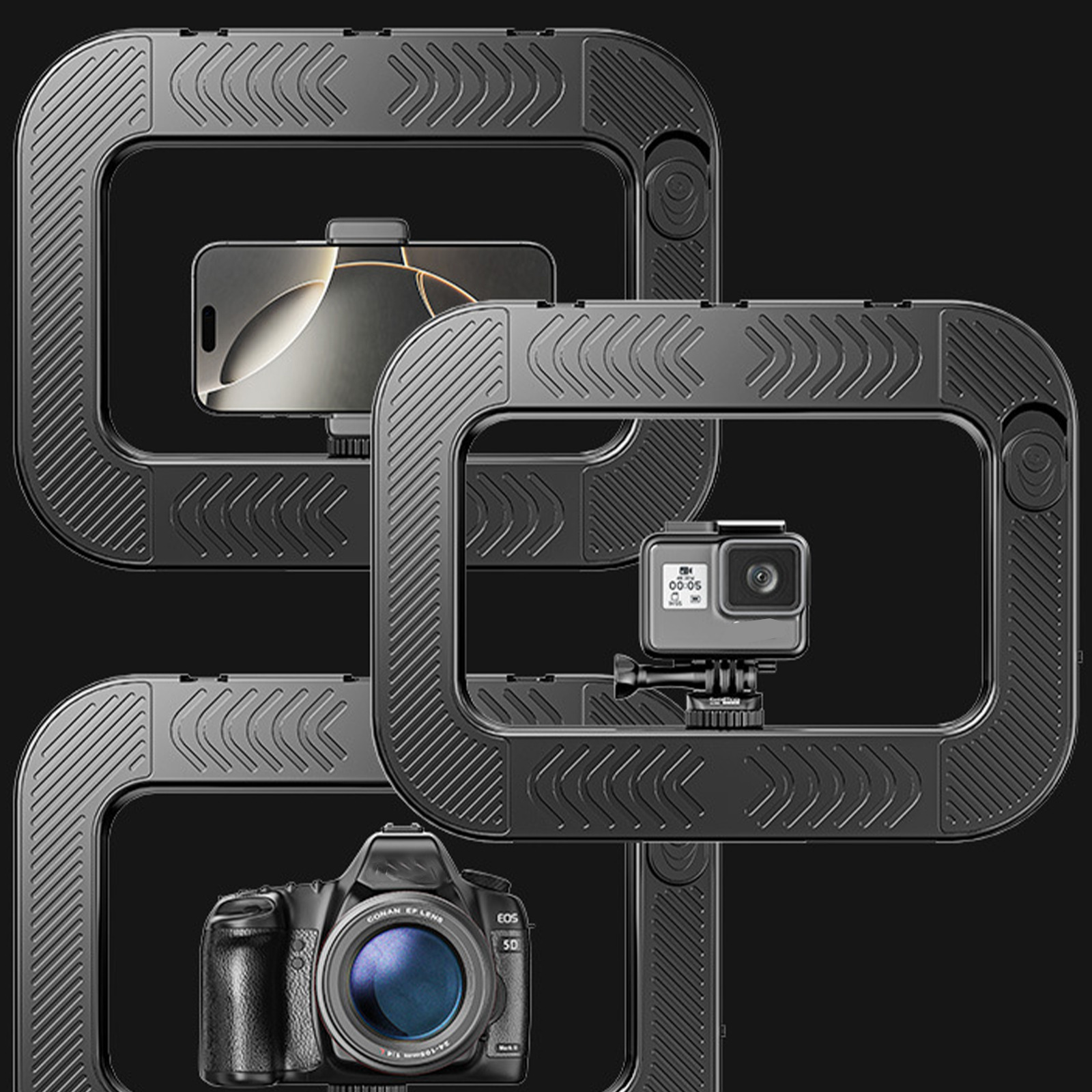 Drei schwarze Kamerarigs, die ein Telefon, eine Kamera und eine GoPro halten. Alle in quadratischen Rahmen.