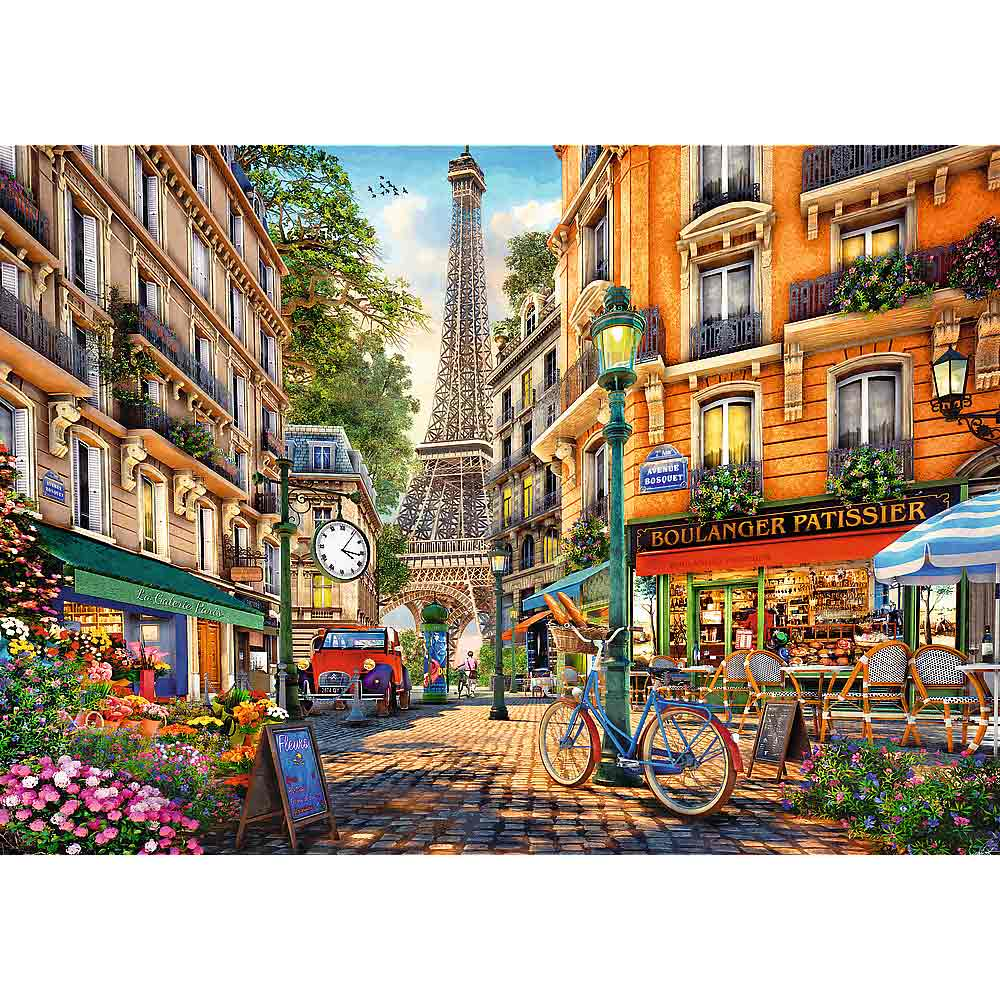 Un rompecabezas colorido de una escena de calle parisina con la Torre Eiffel visible en el fondo.
