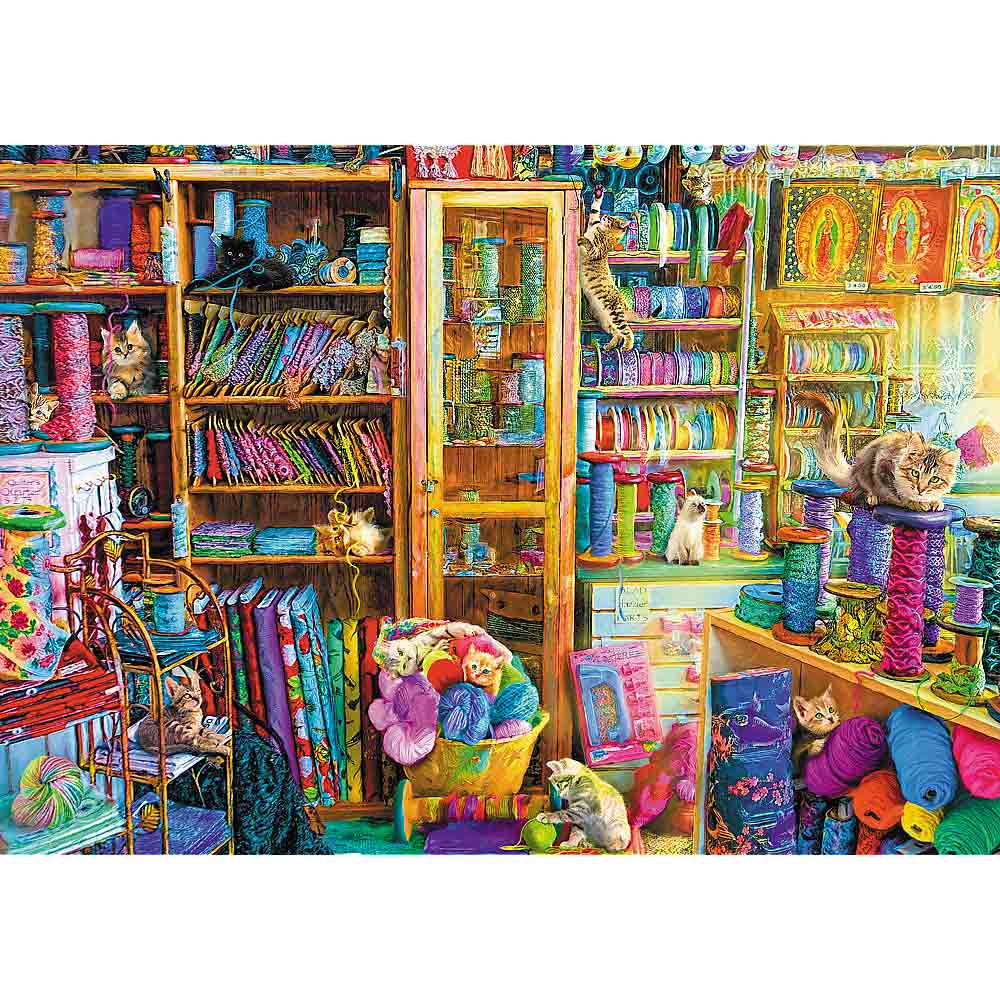 Image de puzzle d'une pièce remplie de fil, de tissus, de chats sur des étagères et une fille. Un chat se repose sur une étagère.