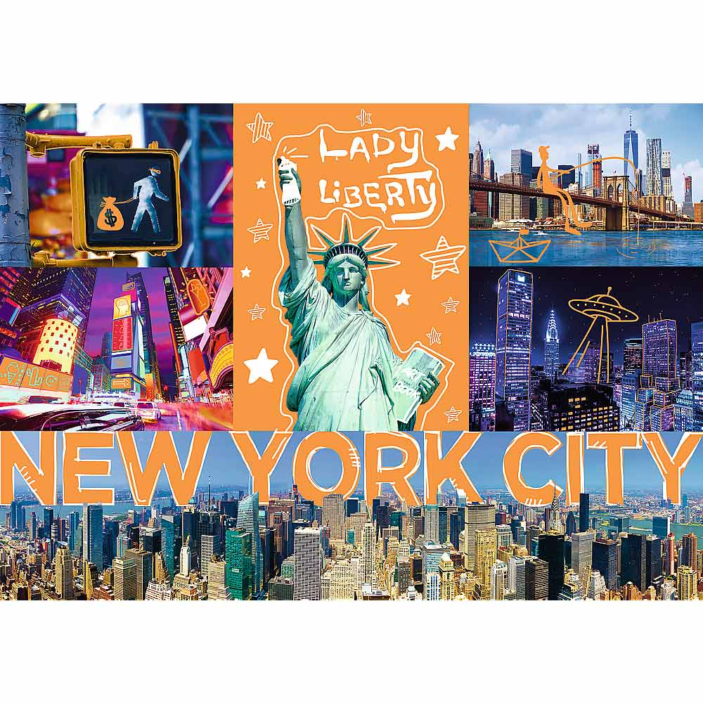 Collage de la ciudad de Nueva York con lugares emblemáticos: Estatua de la Libertad, Puente de Brooklyn, rascacielos. Fondo naranja.