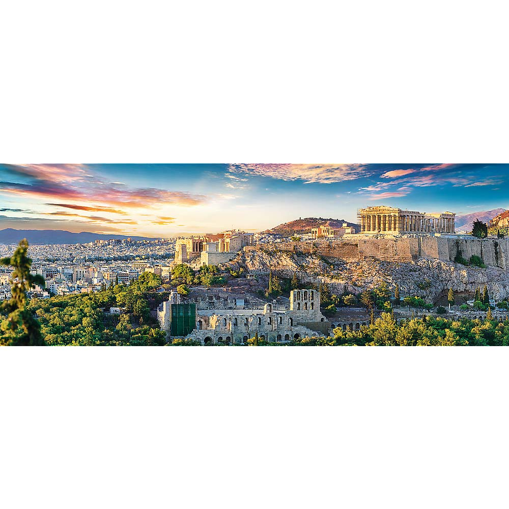 Una vista panorámica de la Acrópolis de Atenas al atardecer. Ruinas antiguas y ciudad abajo.