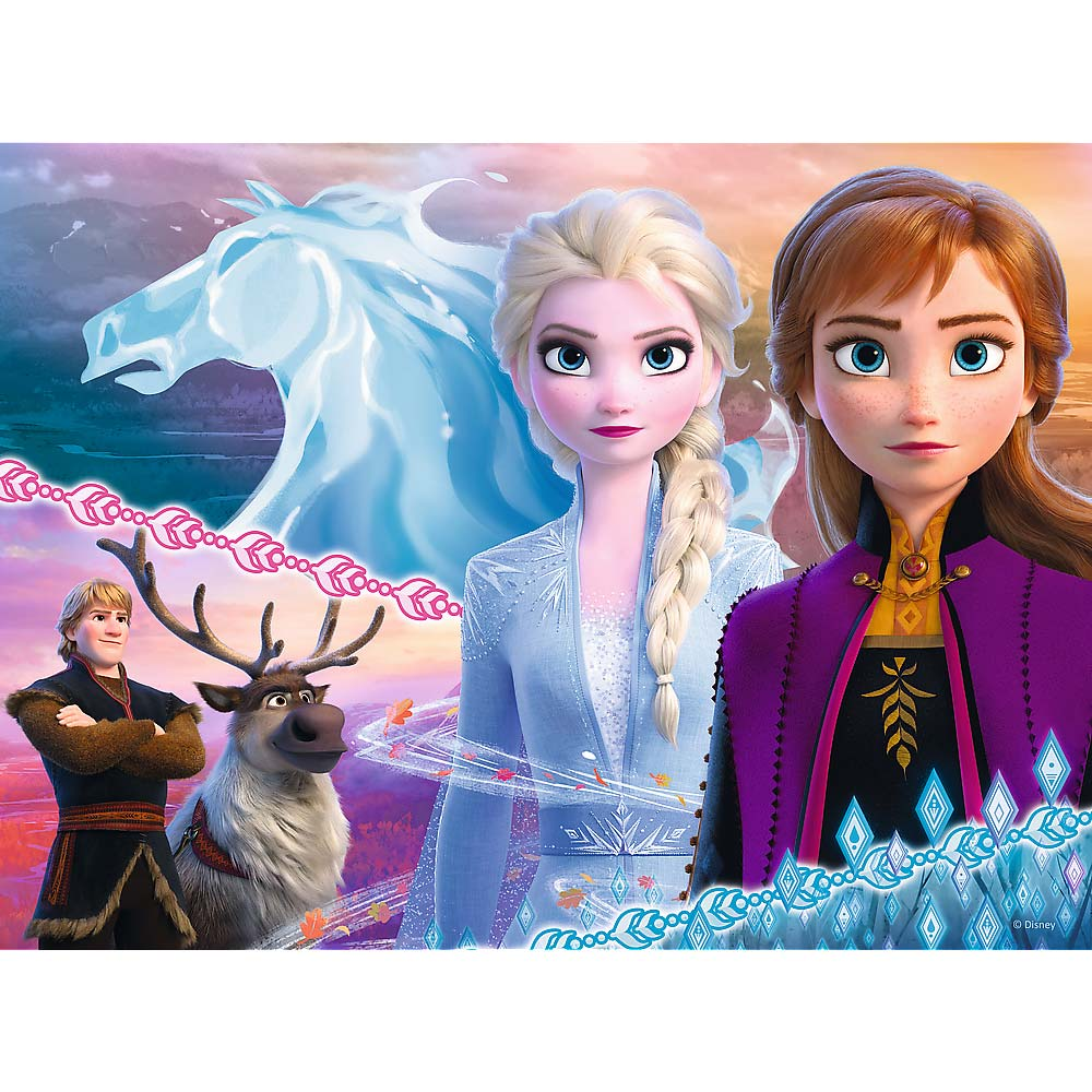 An illustration of Elsa and Anna from Frozen with Kristoff and Sven. It is a cartoon style image.