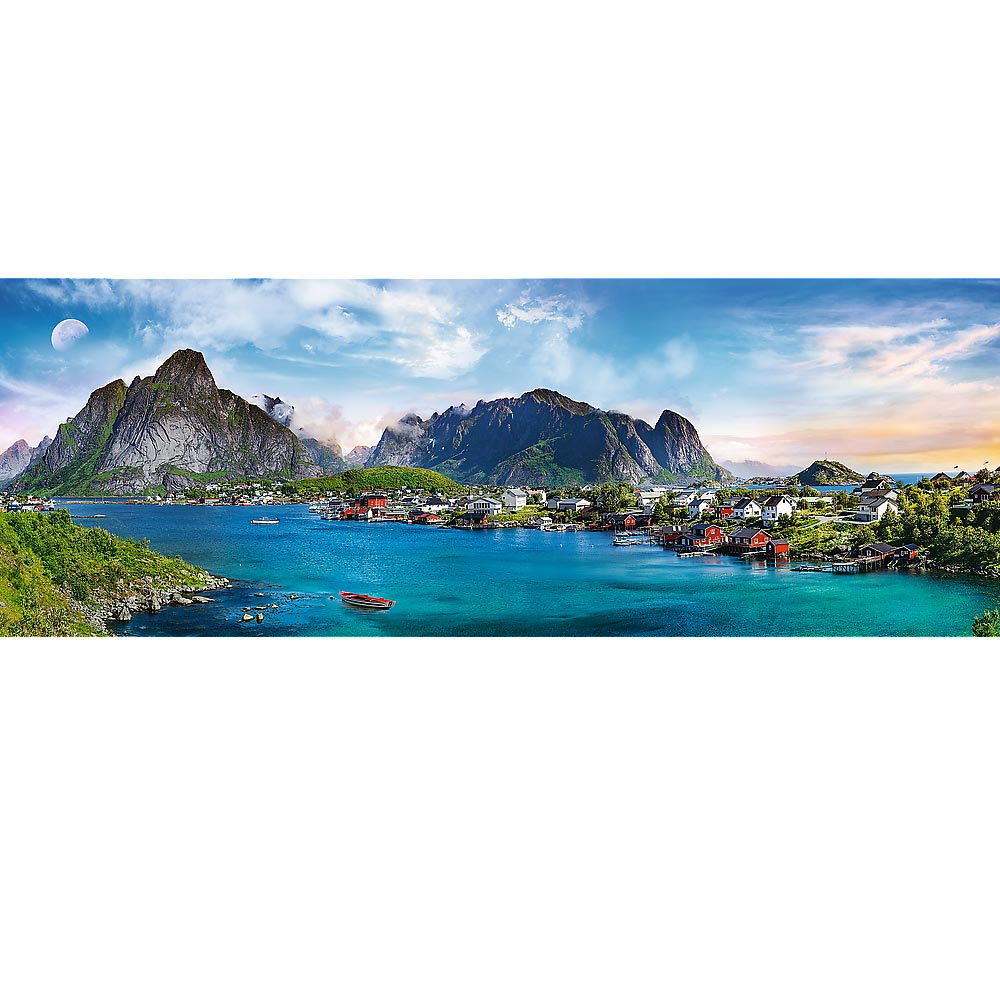 Vista panorámica de un pueblo costero con montañas, una bahía y un cielo brillante.
