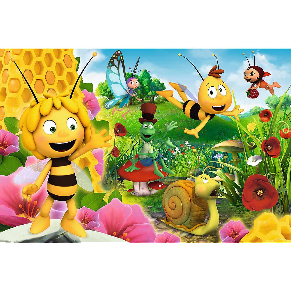 Escena de dibujos animados con Maya la abeja, un caracol, una rana y otros personajes.