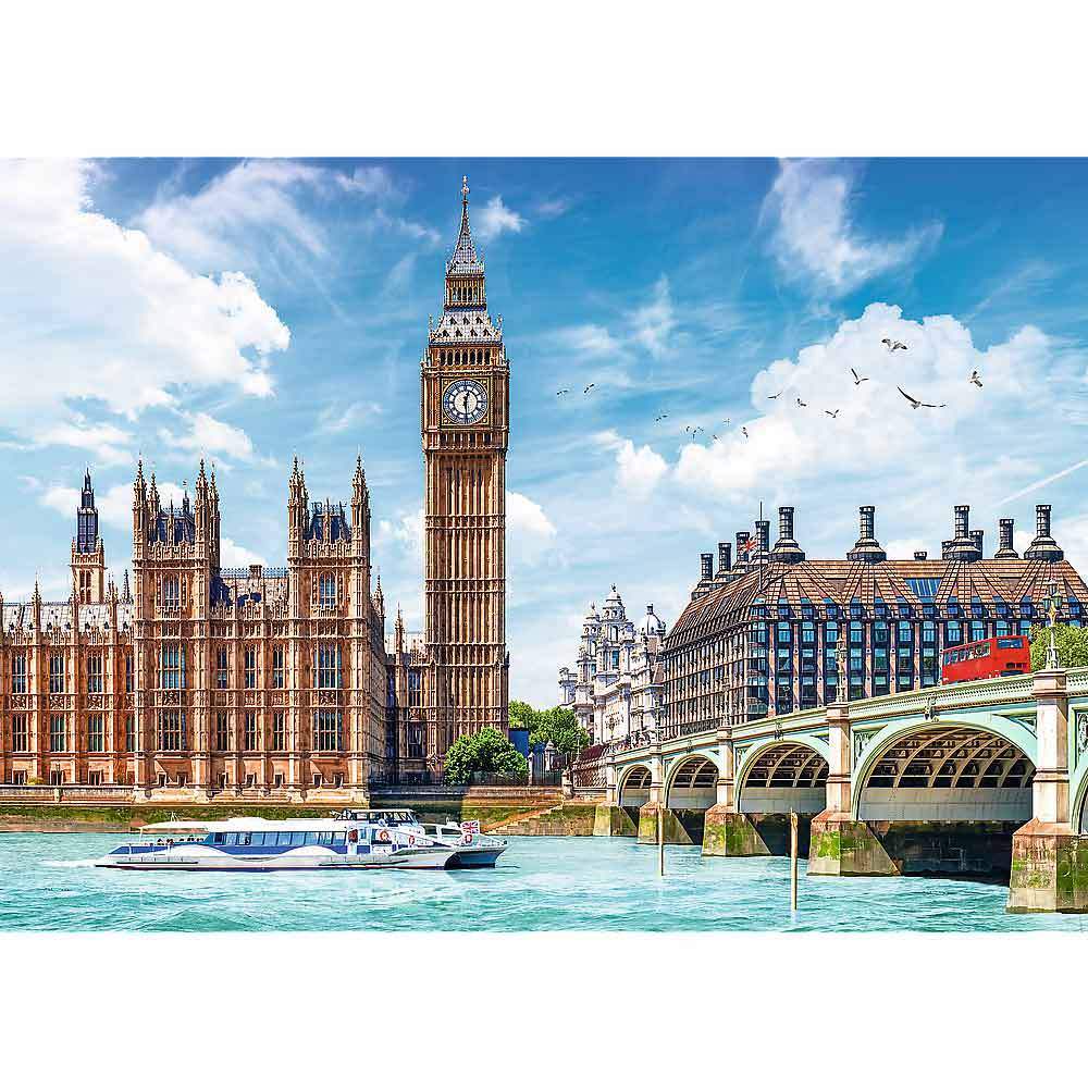 El Big Ben y las Casas del Parlamento en Londres, con un puente y un río con barcos.