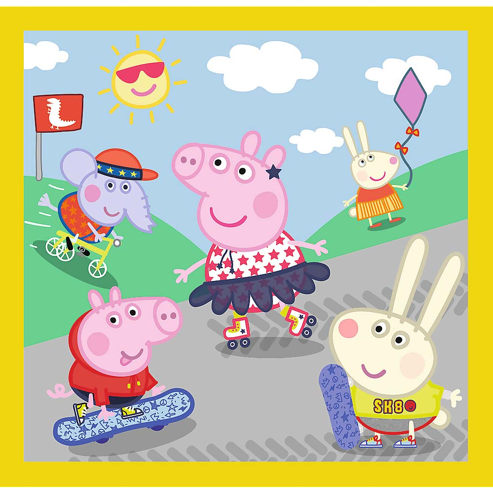 Peppa Pig en vrienden op skateboards, rolschaatsen en een fiets, zonnige dag.