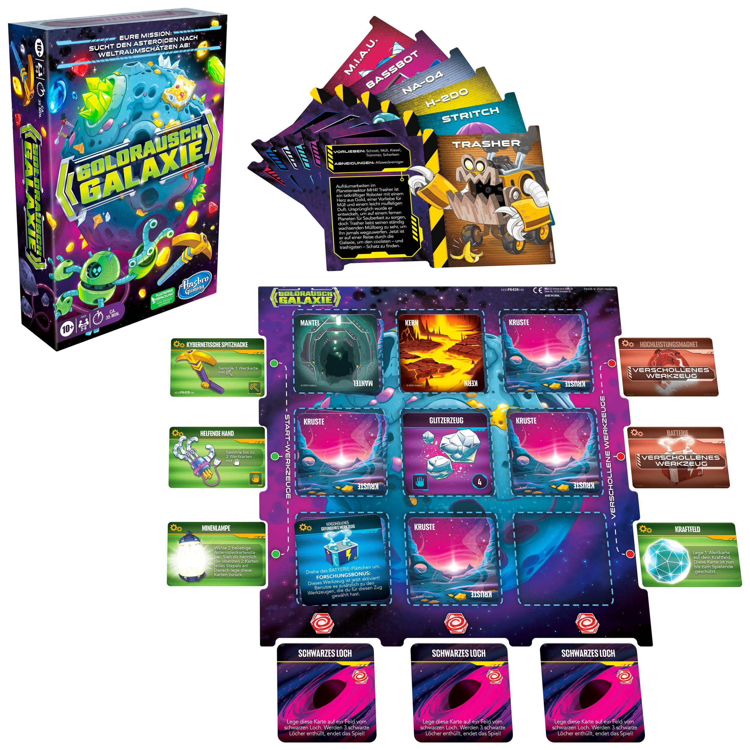 Ein Brettspiel mit Karten und Spielbrett, mit einer Box in der oberen linken Ecke.