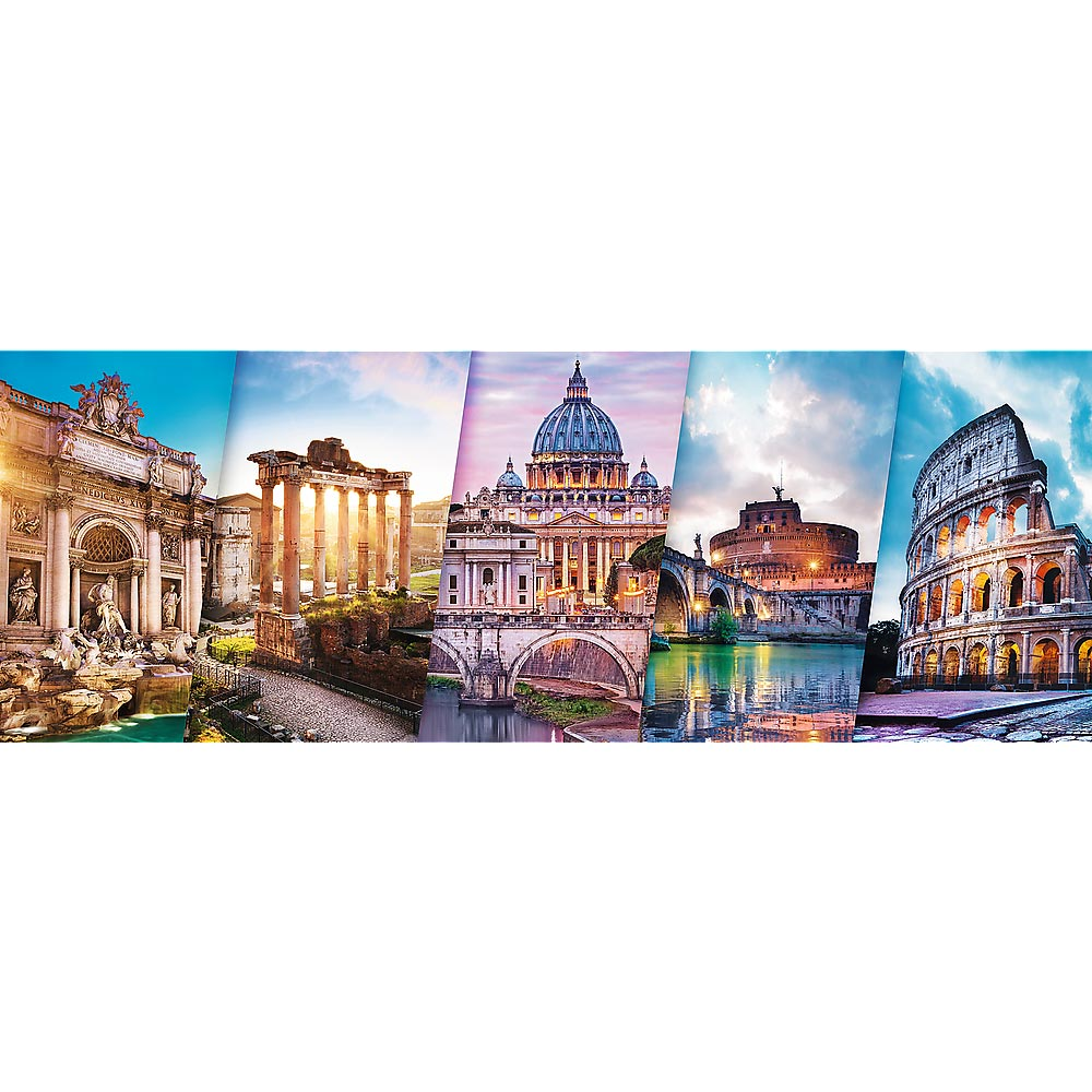 Diversos puntos de referencia romanos en un panorama segmentado: fuente, ruinas, iglesia, puente, castillo y Coliseo.