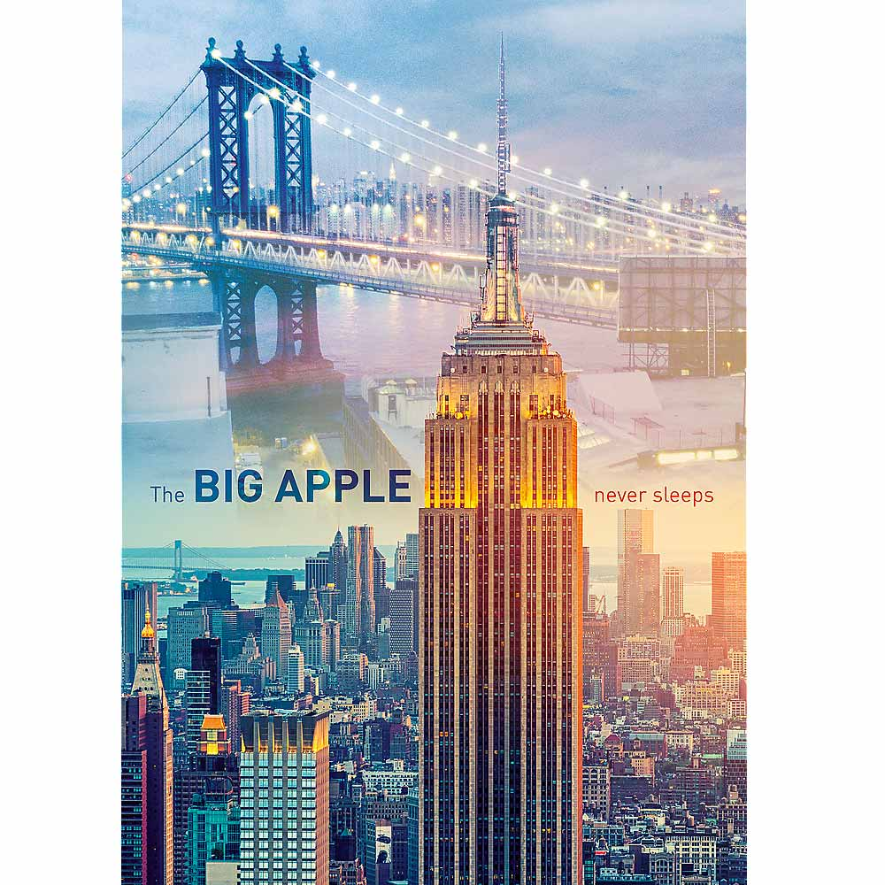 Puzzle z Nowego Jorku przedstawiające Empire State Building i most z napisem "Big Apple".