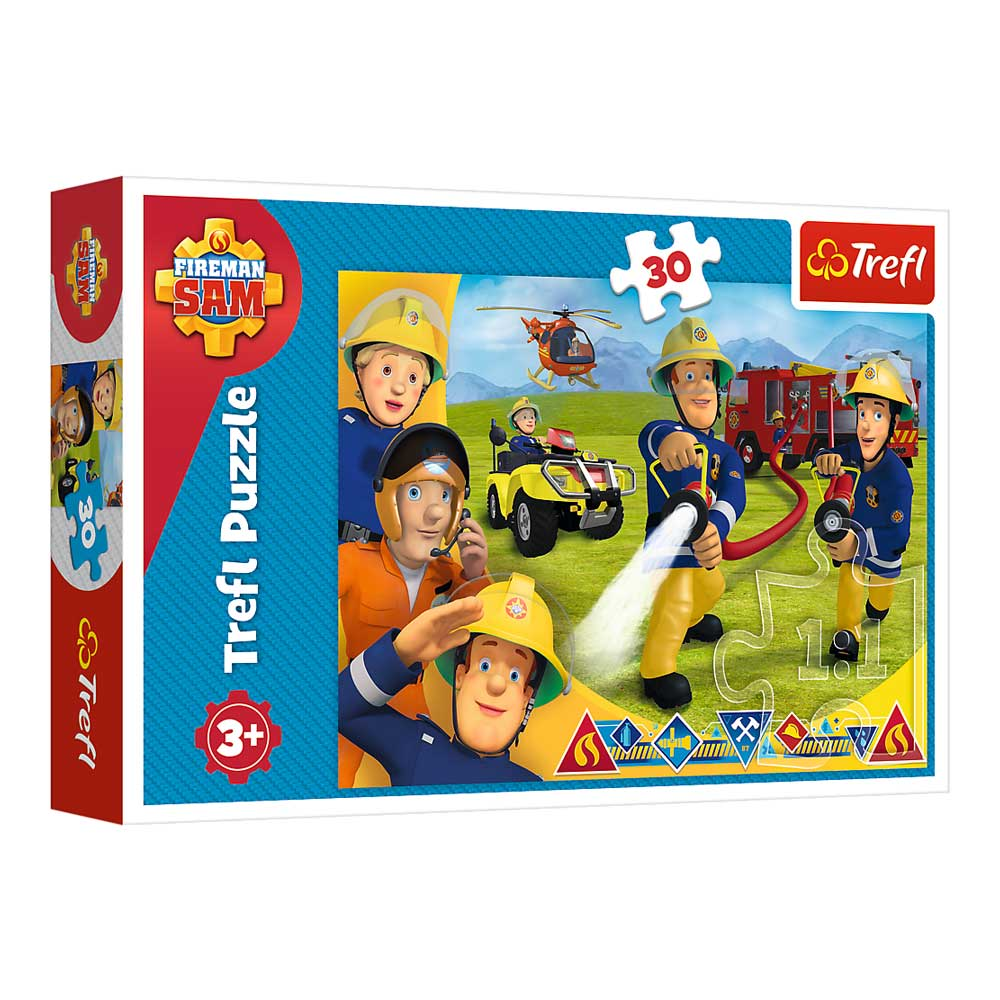 Pudełko z puzzlami Strażak Sam z postaciami i sceną z helikopterem.