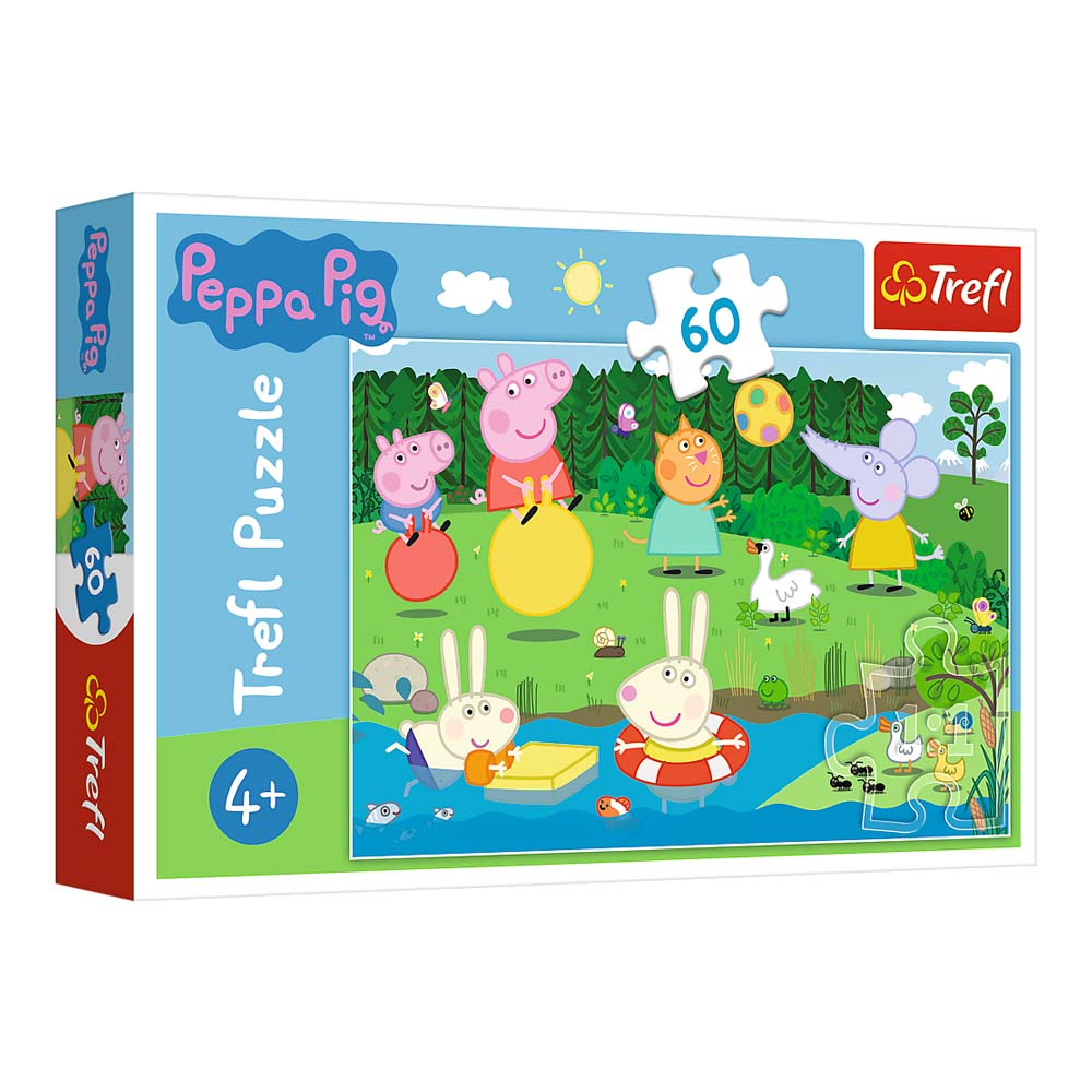Puzzle Peppy Pig przedstawia Peppę i przyjaciół bawiących się balonami i innymi zabawkami.