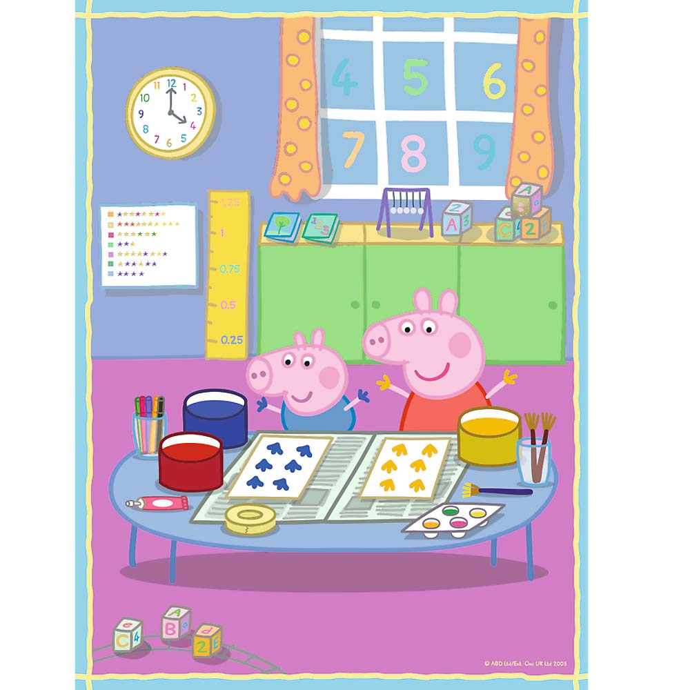 Puzzle Świnka Peppa. Peppa i George malują w pokoju z klockami i zegarem. Kreskówka Świnka Peppa.