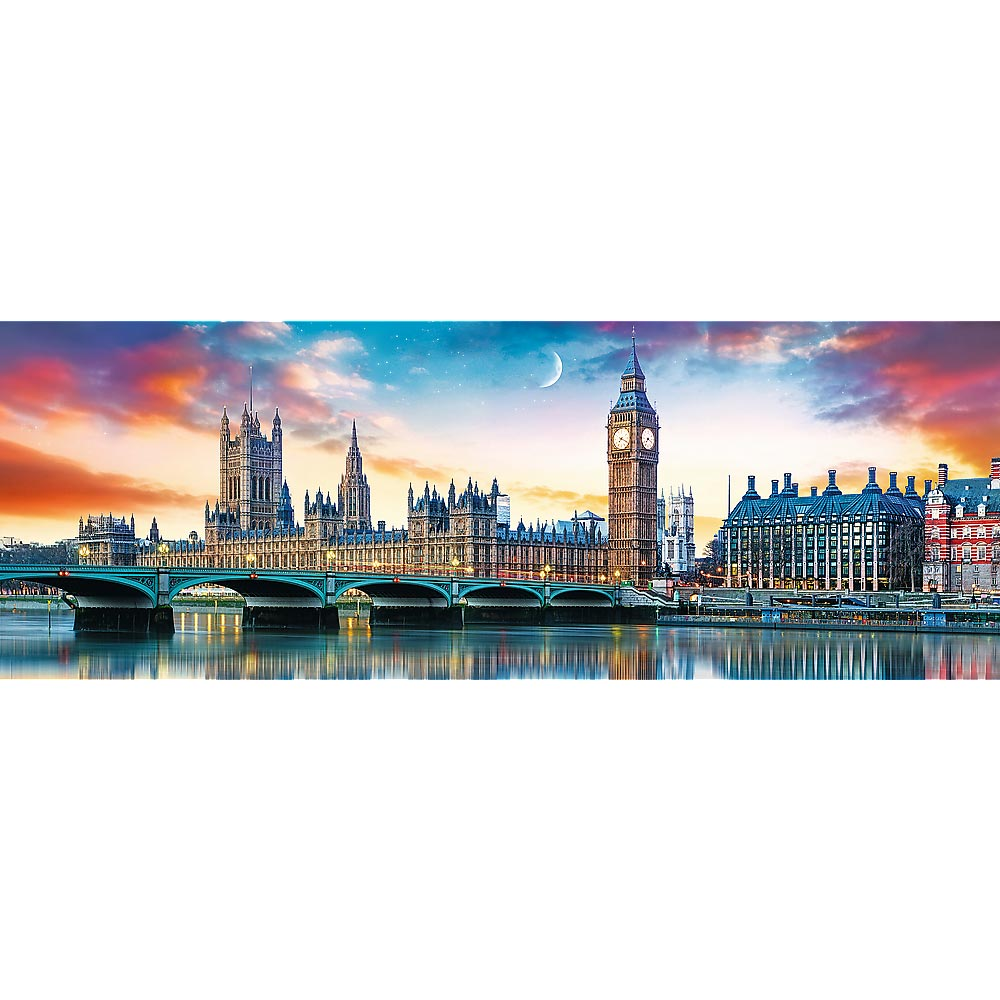 Panorama Londynu: Big Ben, Parlament, most i kolorowe niebo zachodu słońca.