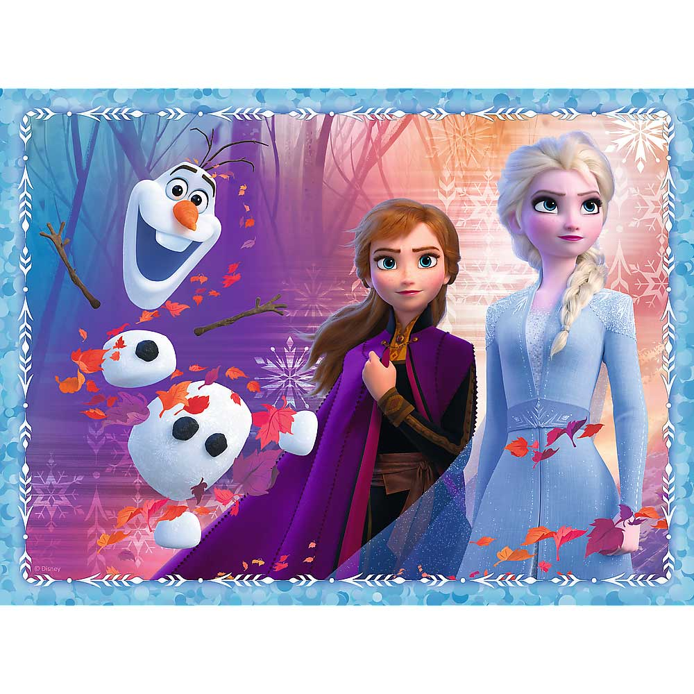 Puzzle del film Frozen con Anna, Elsa, Olaf e uno sfondo di foresta con foglie.