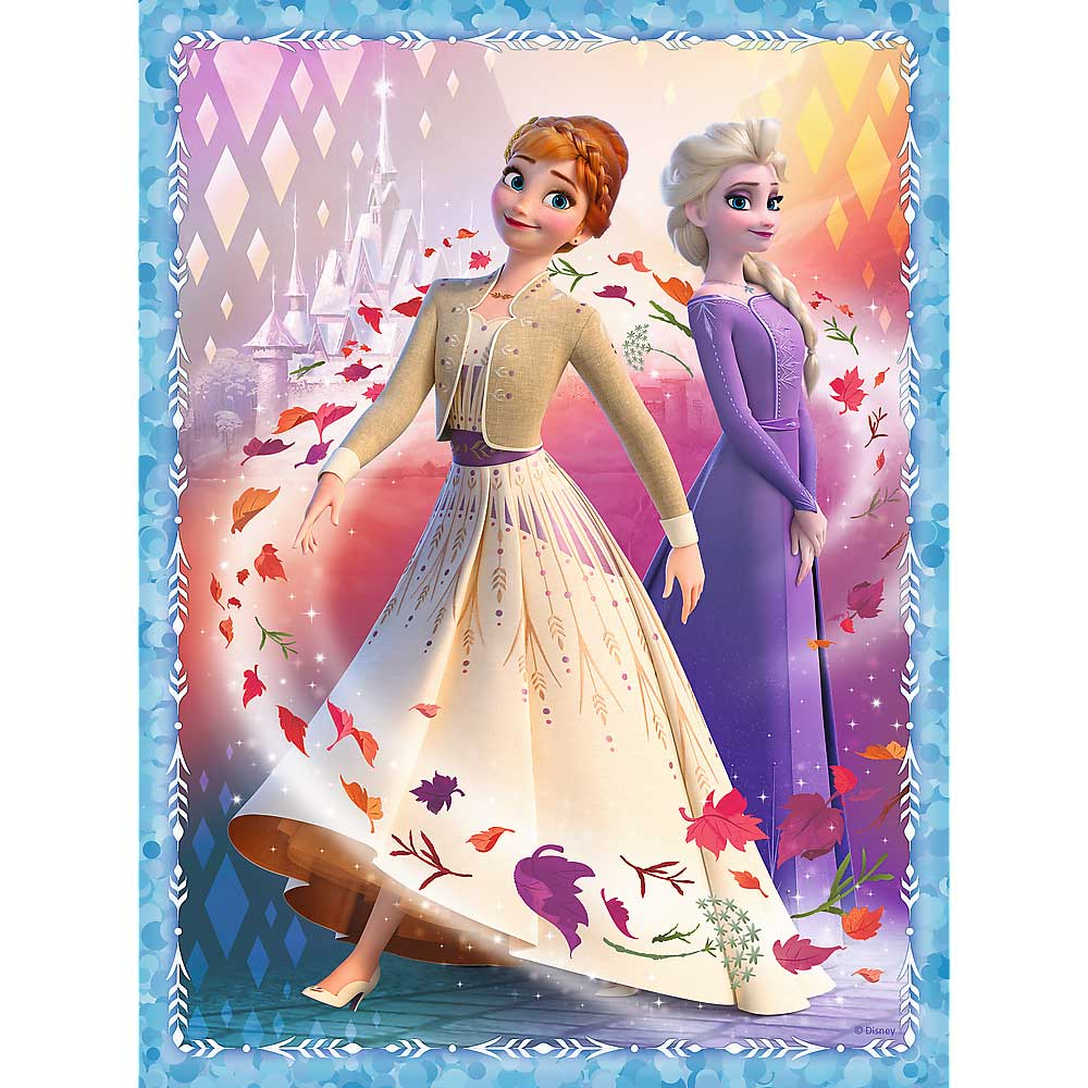 Un puzzle raffigura due donne di Frozen, circondate da foglie che cadono, con un bordo blu.