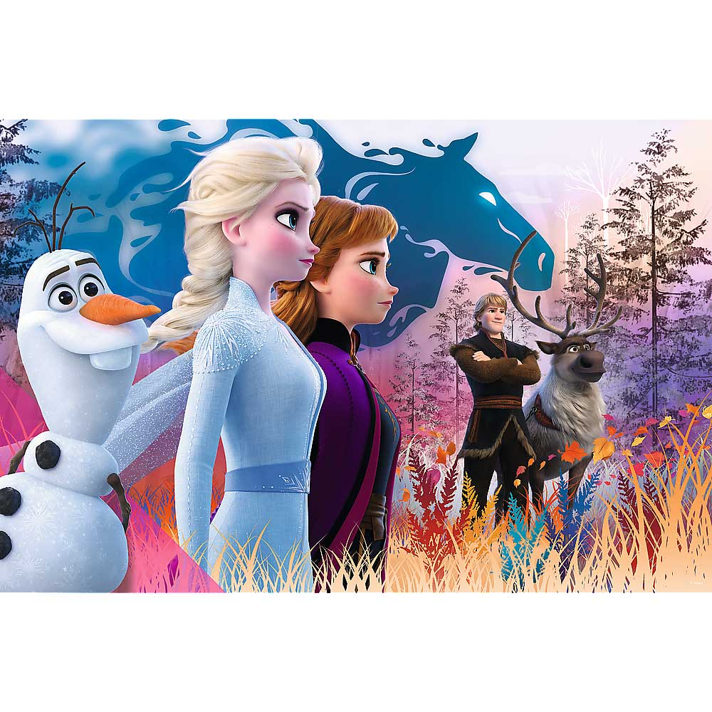Frozen-personages, Elsa, Anna, Olaf, Kristoff en Sven, in een besneeuwde bosscène.