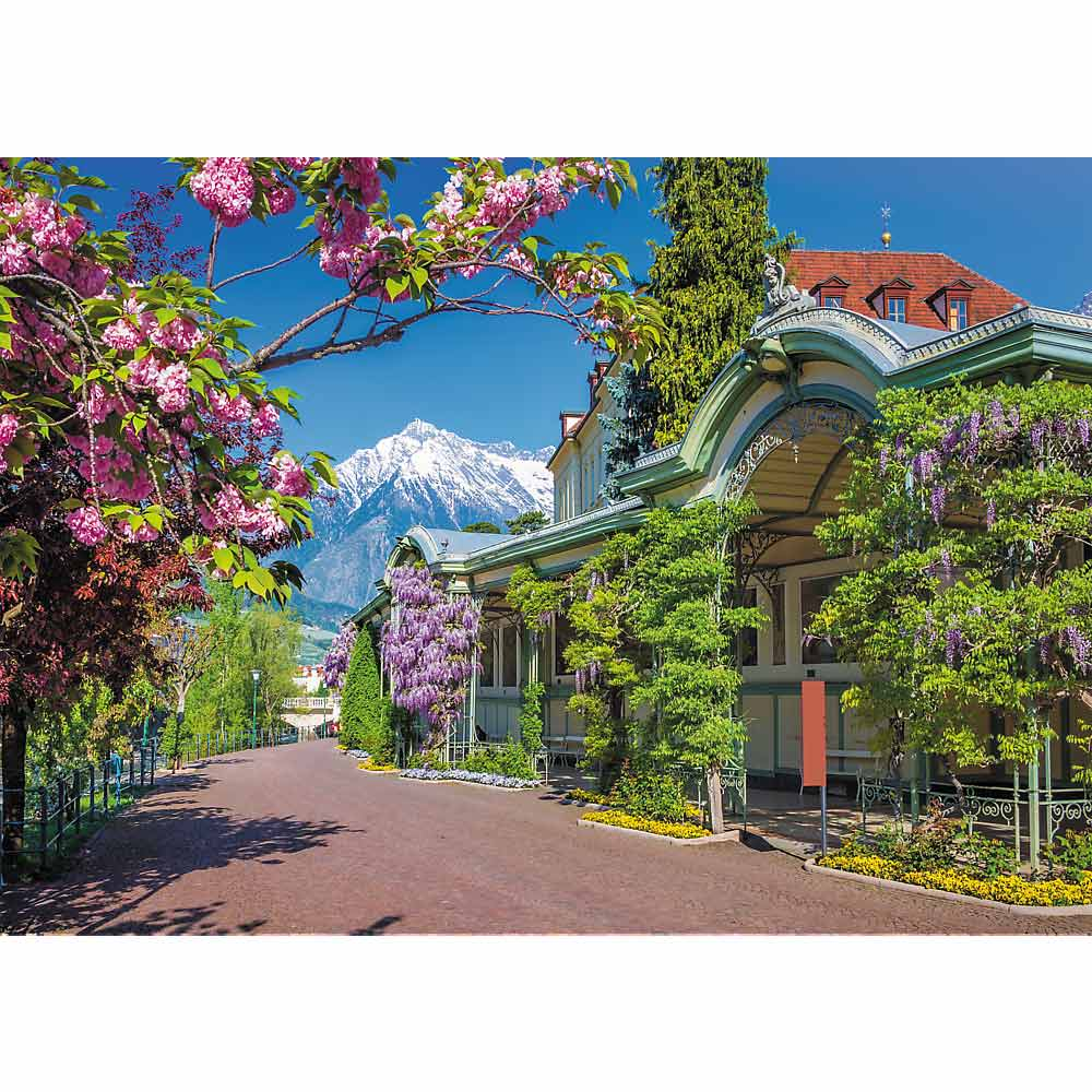 Una calle con un edificio y árboles con flores rosas y una montaña al fondo.