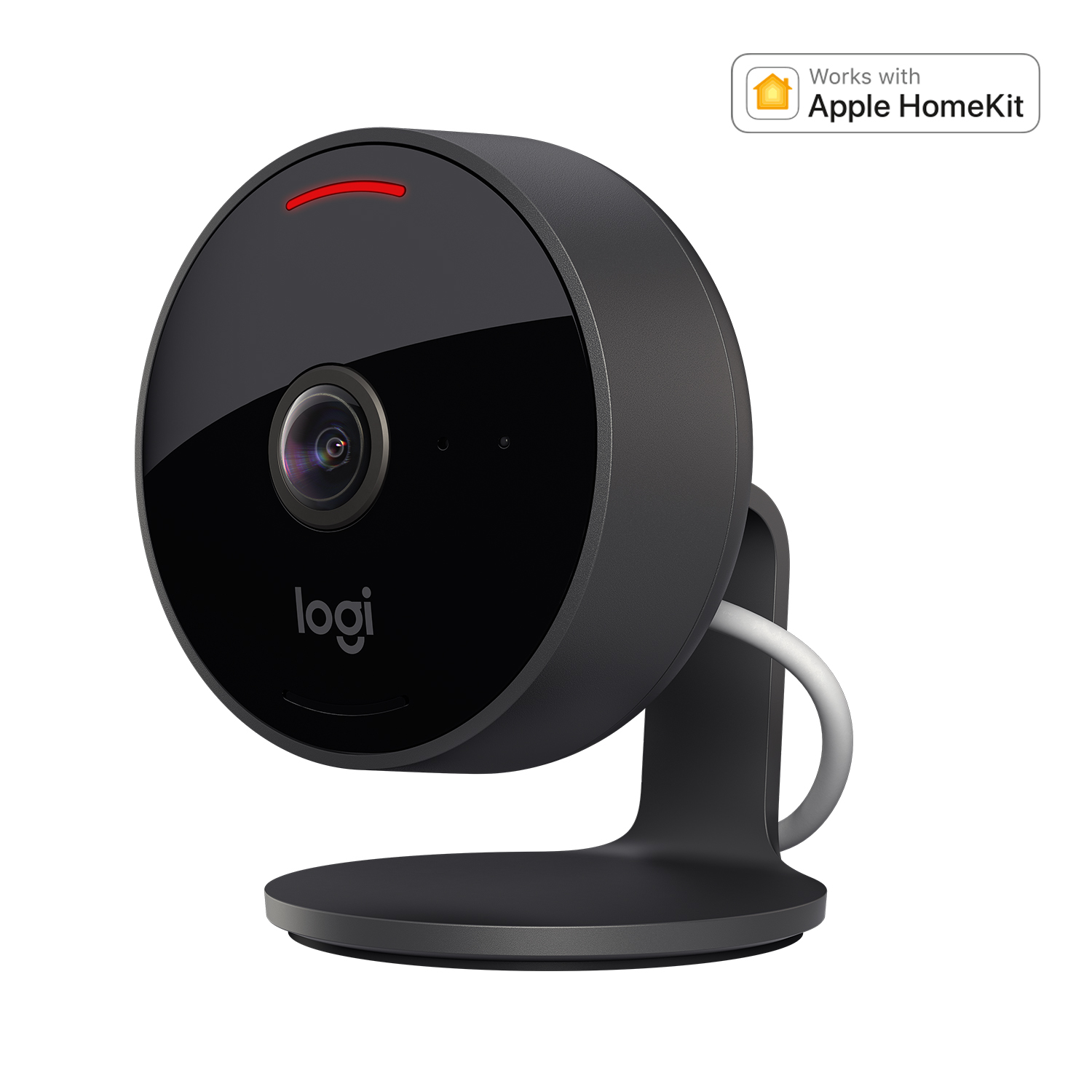 Telecamera di sicurezza rotonda nera con luce rossa. È su un supporto e ha il logo Logi.