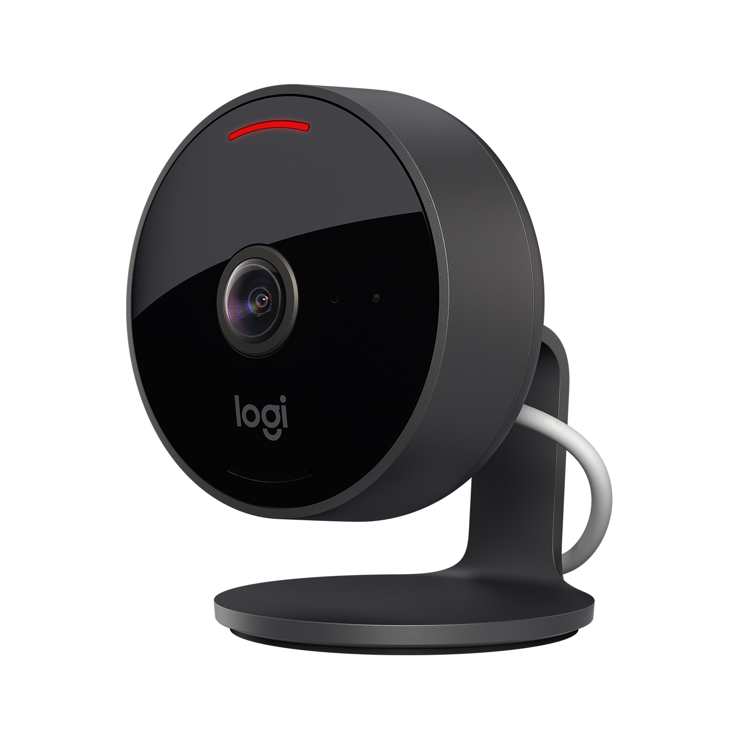 Telecamera Logitech nera su un supporto. Luce rossa in alto.
