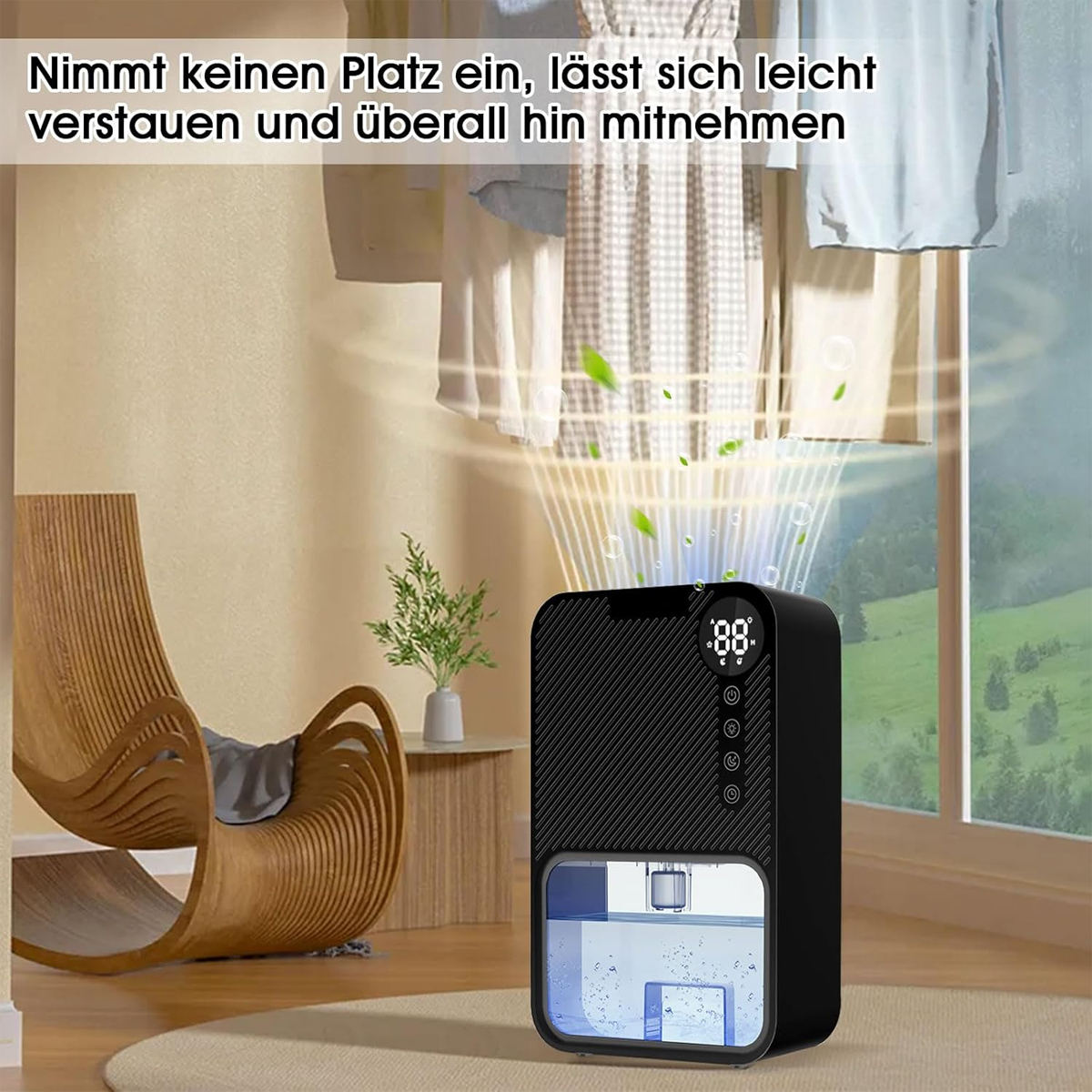 Schwarzer und weißer Luftentfeuchter mit Bedienfeld in einem Raum mit Stuhl und Kleidung.