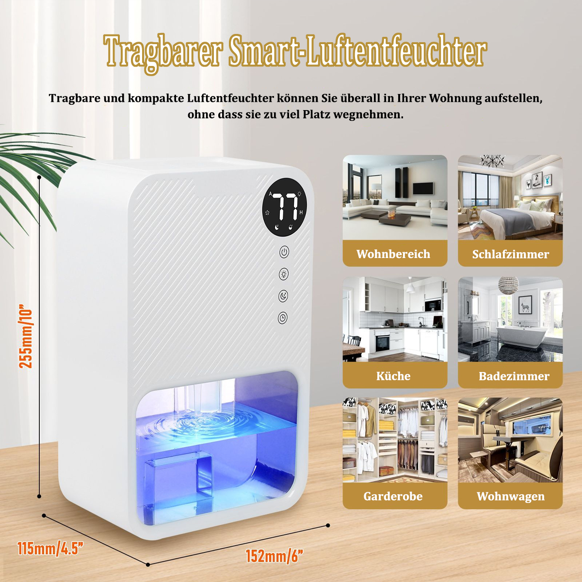 Weißer Smart-Luftbefeuchter mit Abmessungen. Illustrationen zeigen Einsatzorte: Wohn-, Schlafzimmer etc.