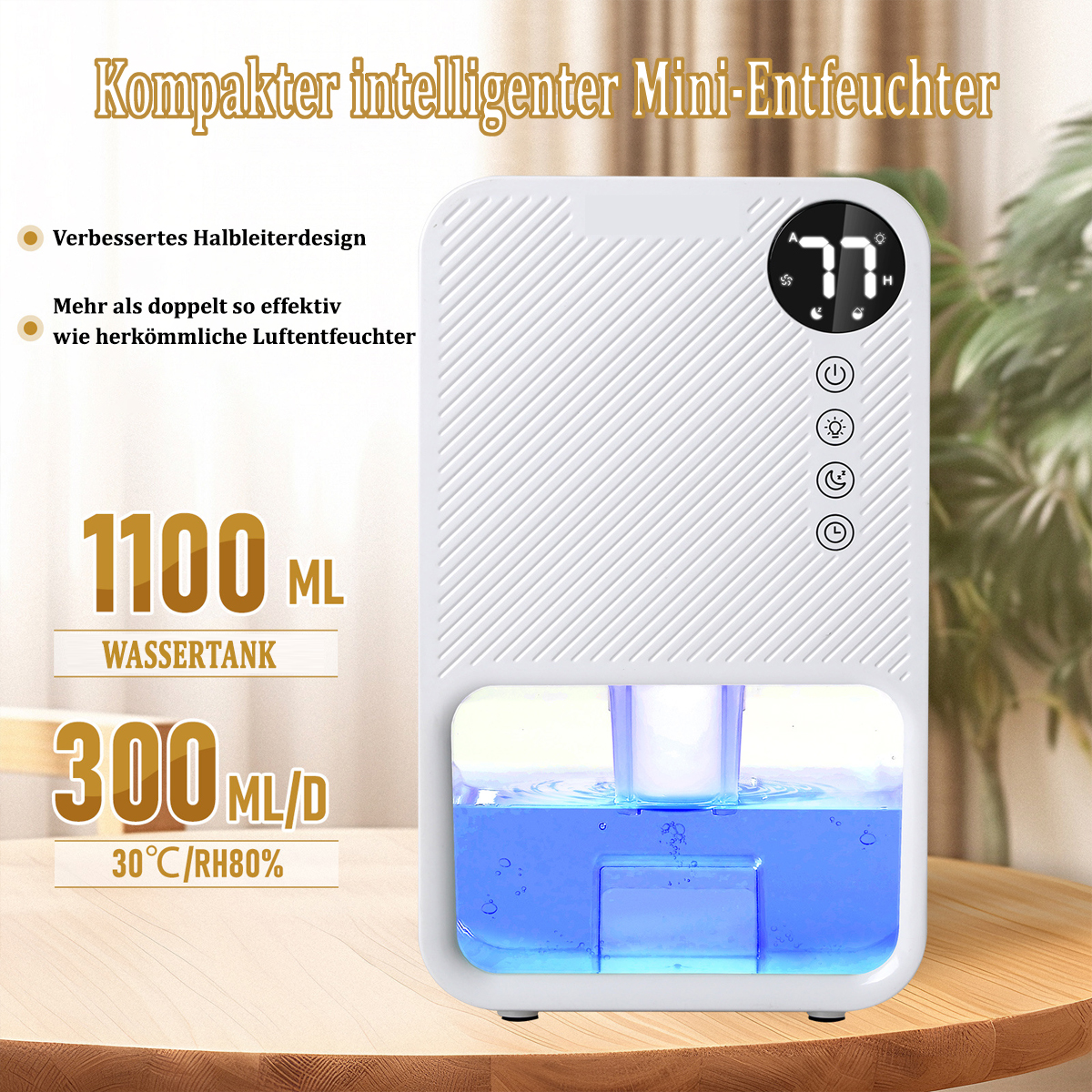 Weißer Mini-Luftentfeuchter mit blauem Wassertank. Text: Kompakter intelligenter Mini-Entfeuchter, 1100ml.