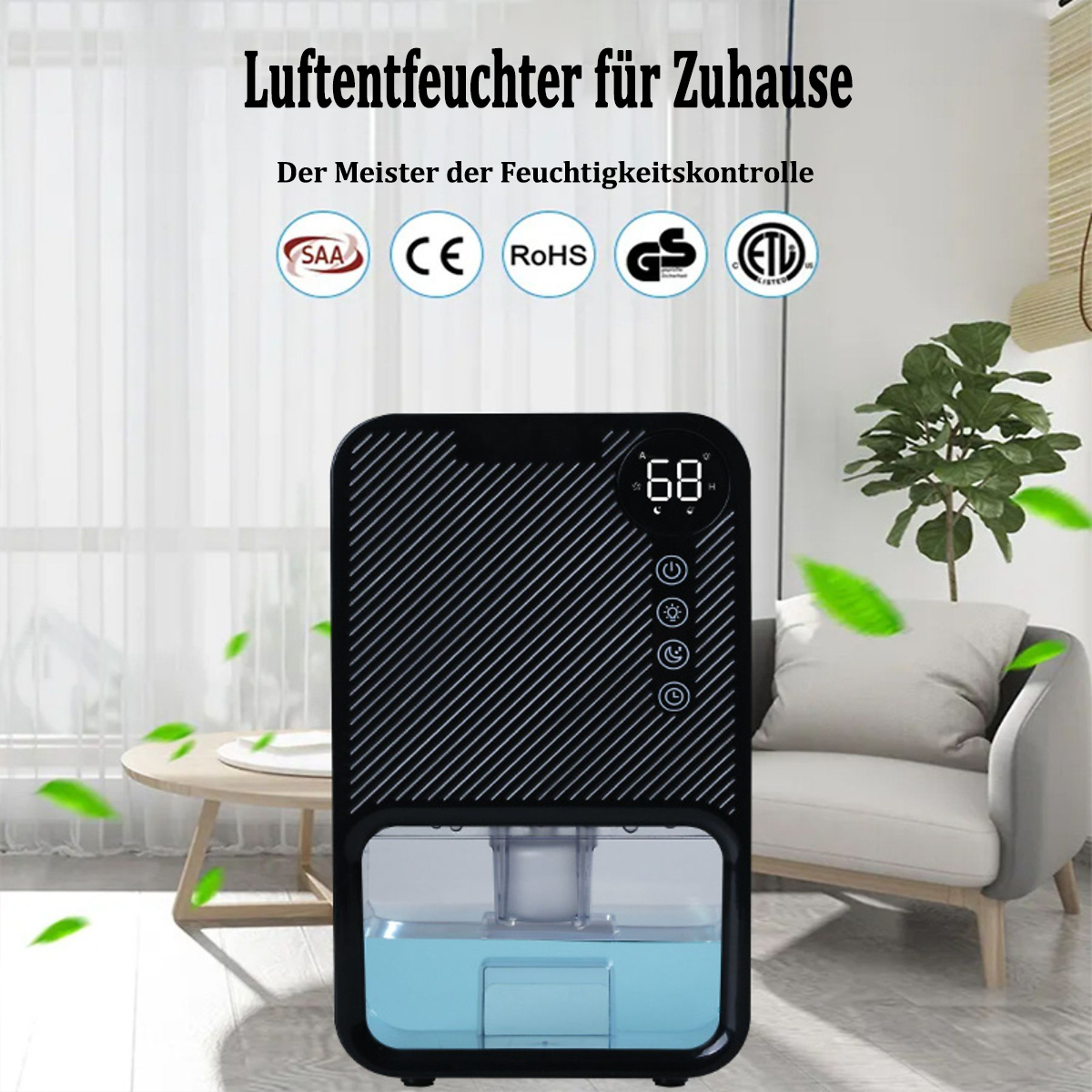Schwarz-weißer Luftentfeuchter mit Display, Wassertank und Logos. Weißer Hintergrund.