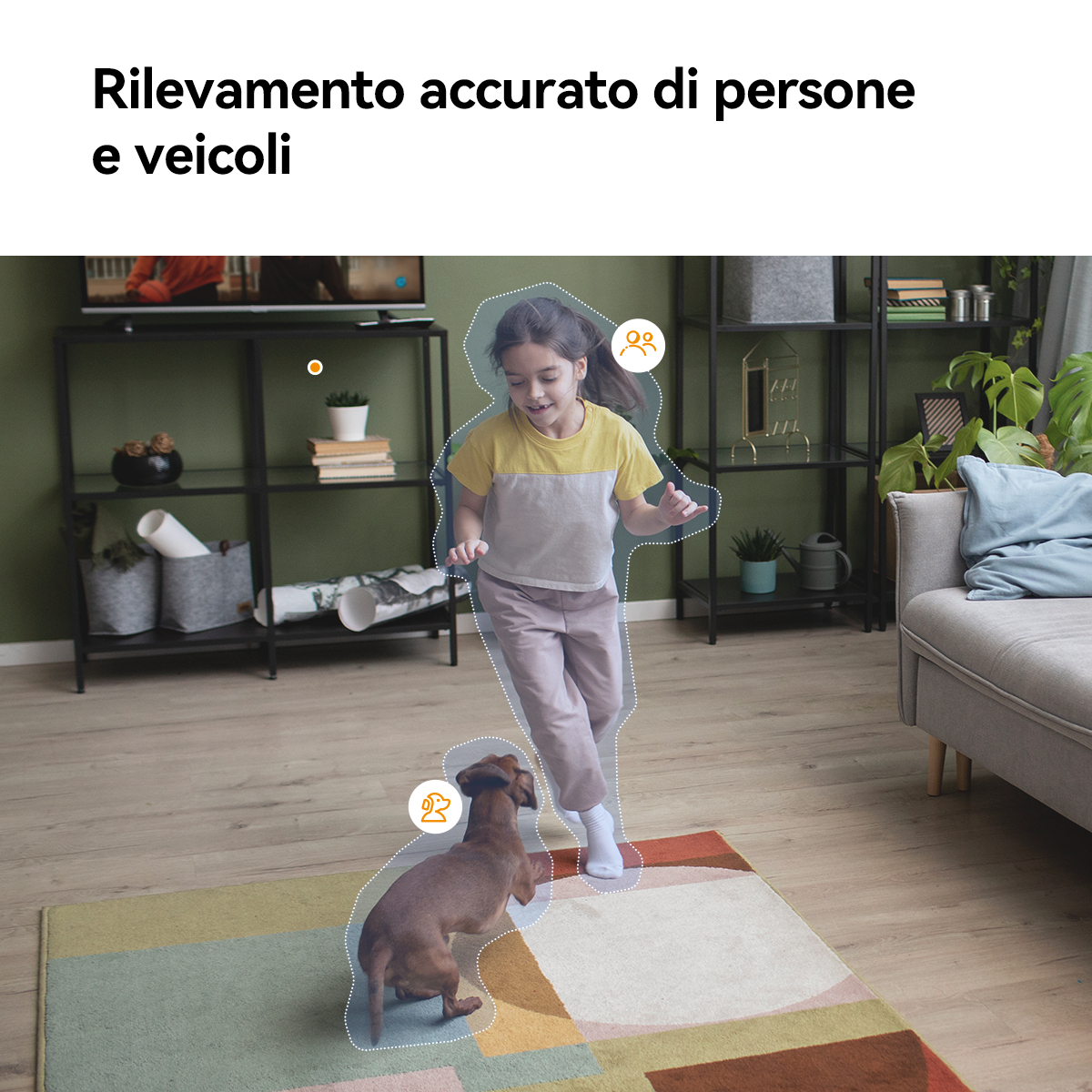 Una ragazza e un cane evidenziati con linee tratteggiate, con testo: Rilevamento accurato di persone.