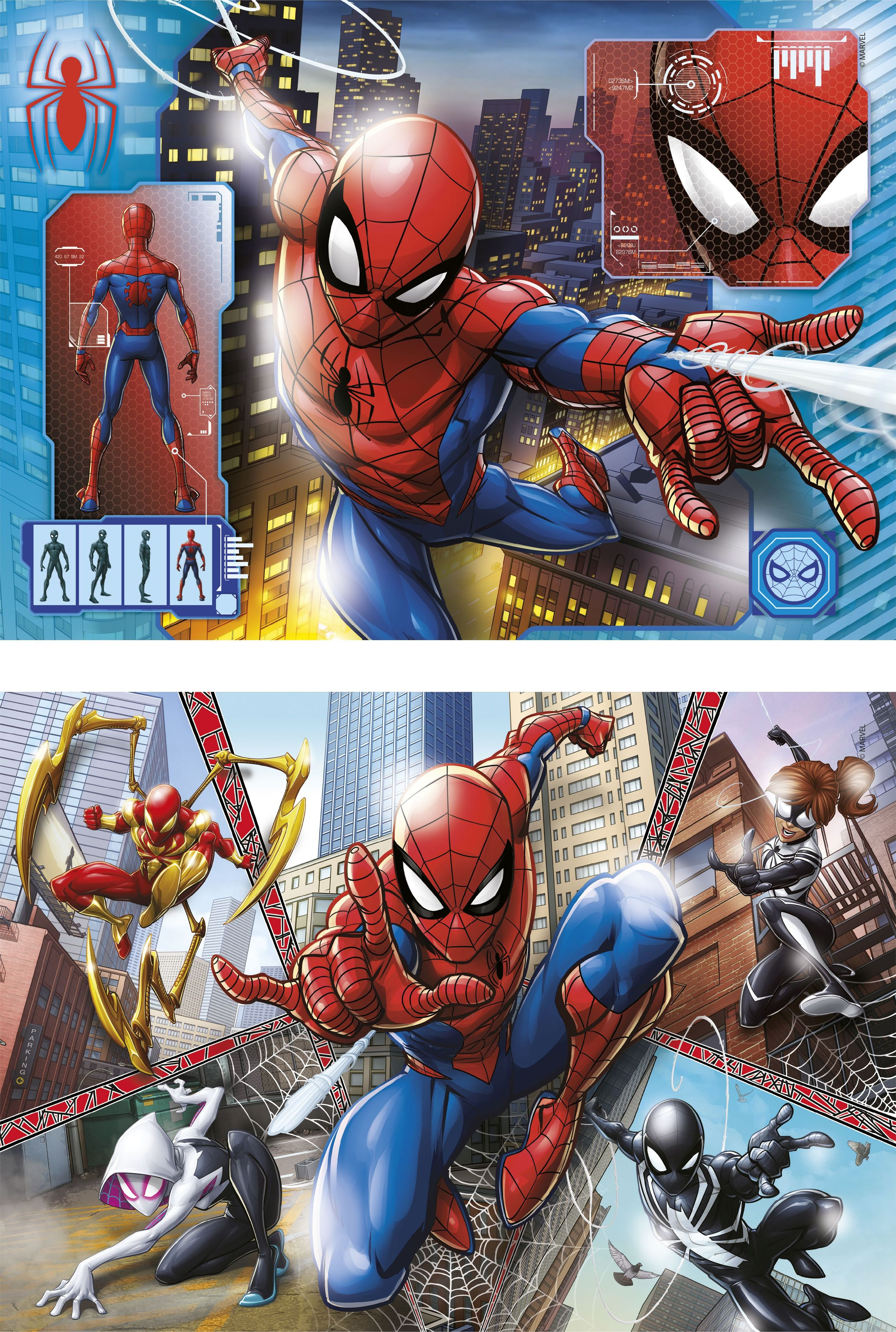 Spider-Man w akcji, z wieloma wersjami i tłem miasta.