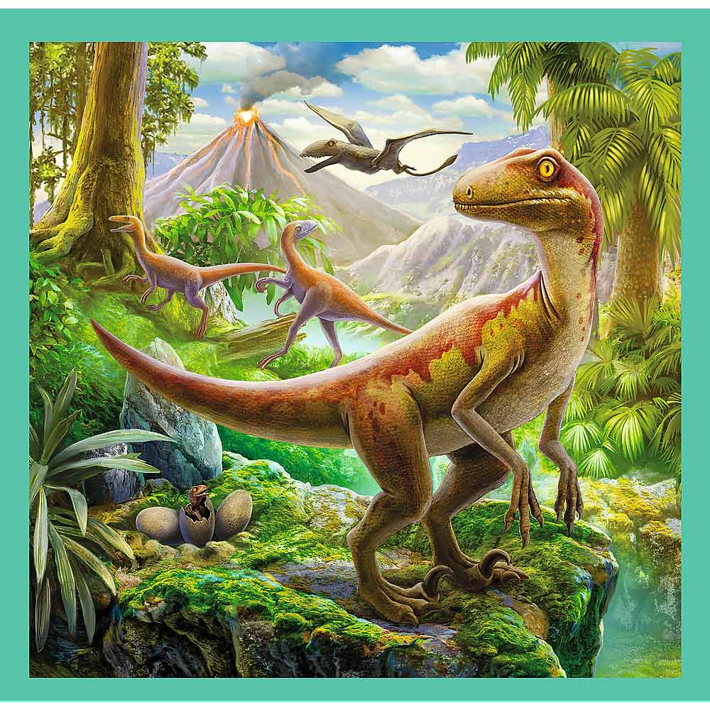 Puzzle z dinozaurami: raptor i inne dinozaury na zielonym klifie z wulkanem w tle.