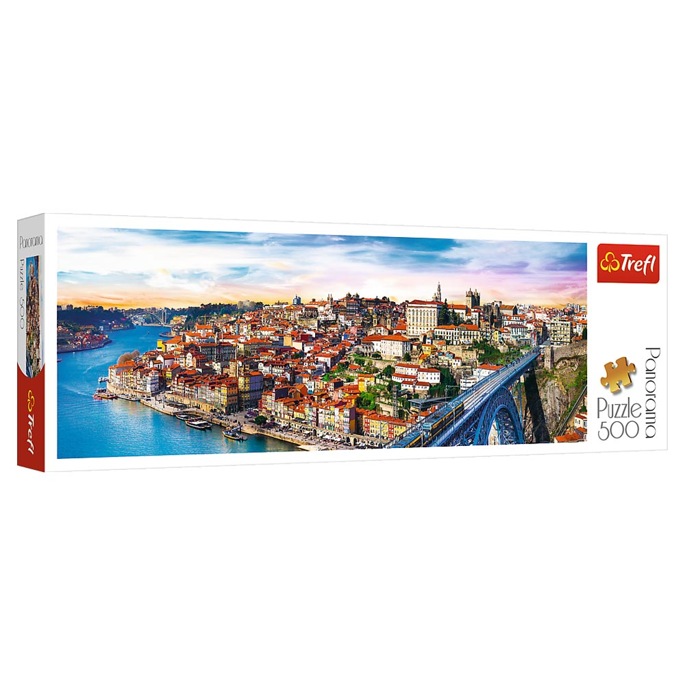 Puzzle Porto, Portugalia z mostem nad rzeką i kolorowymi budynkami.