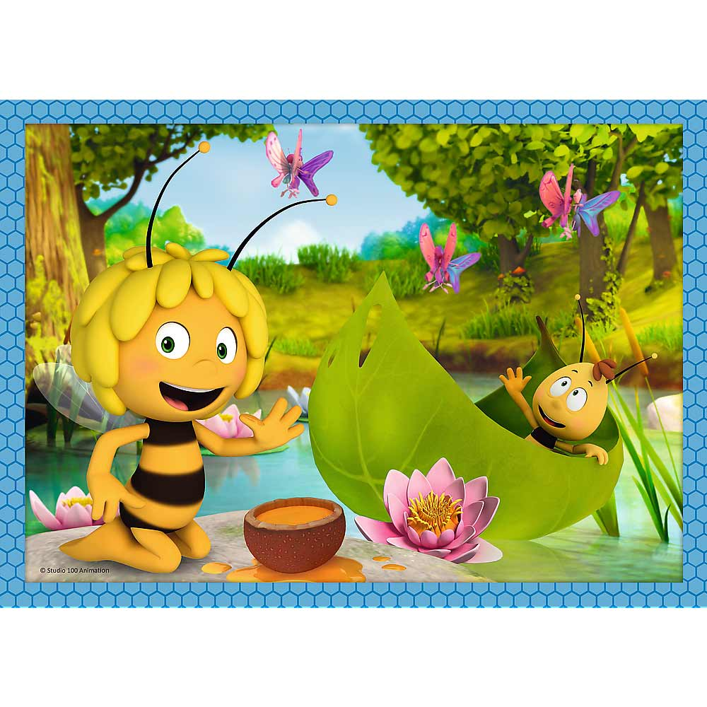 Rompecabezas con Maya la Abeja, un personaje de abeja, con otras abejas y flores.