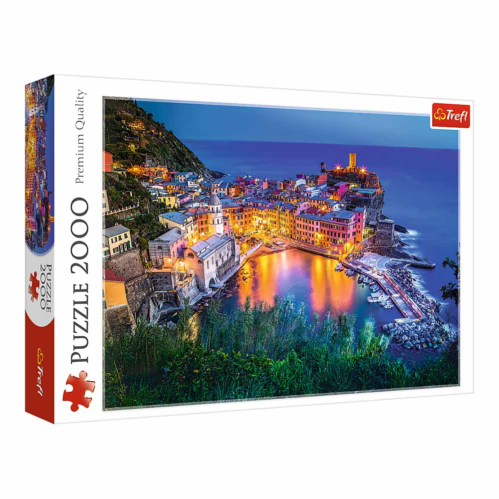 Puzzle Vernazza, Włochy. Nocna scena miasta ze światłami odbijającymi się w wodzie.