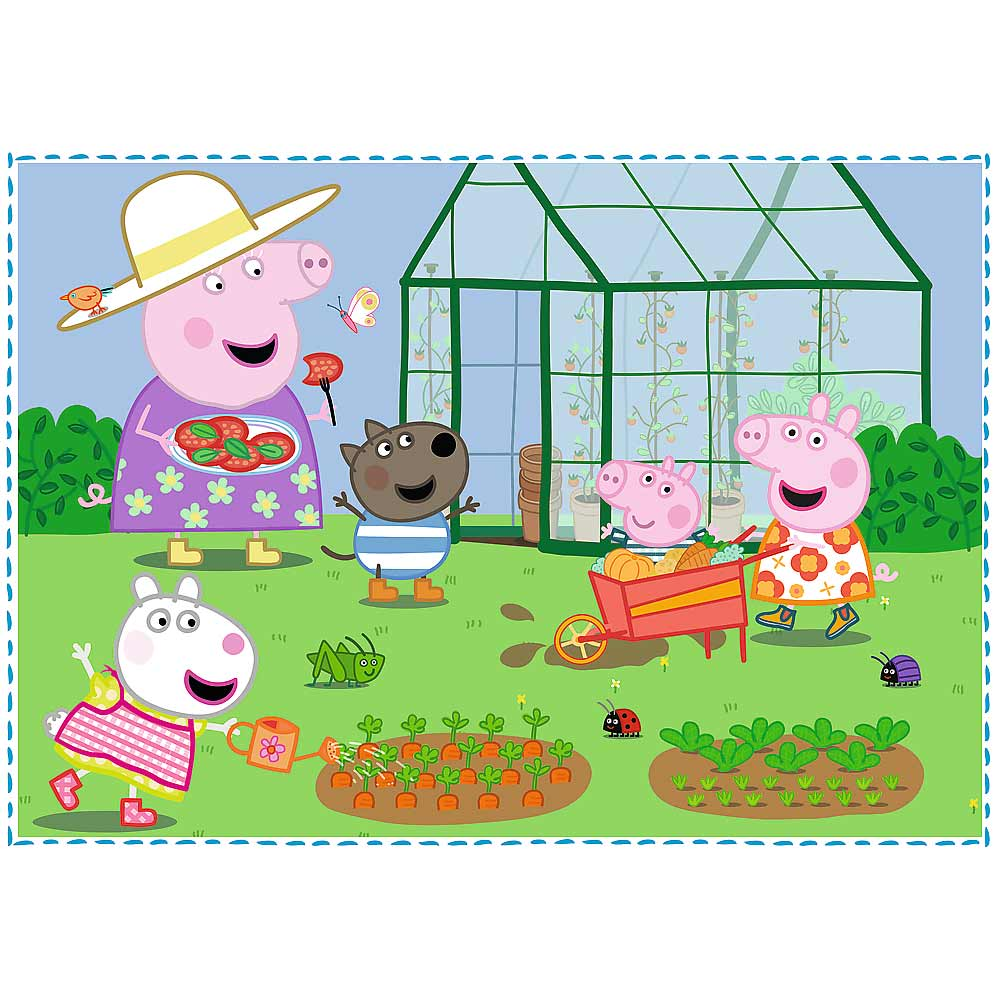 Puzzle di Peppa Pig. Peppa e la sua famiglia in un giardino, con verdure e una serra.