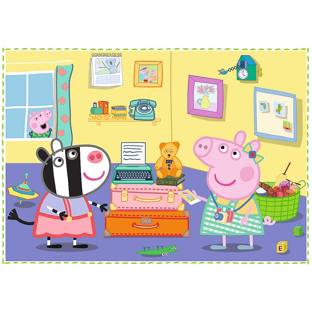 Peppa Pig e Zebra. Una stanza con Peppa e Zebra in piedi vicino ai bagagli, una macchina da scrivere e una finestra.