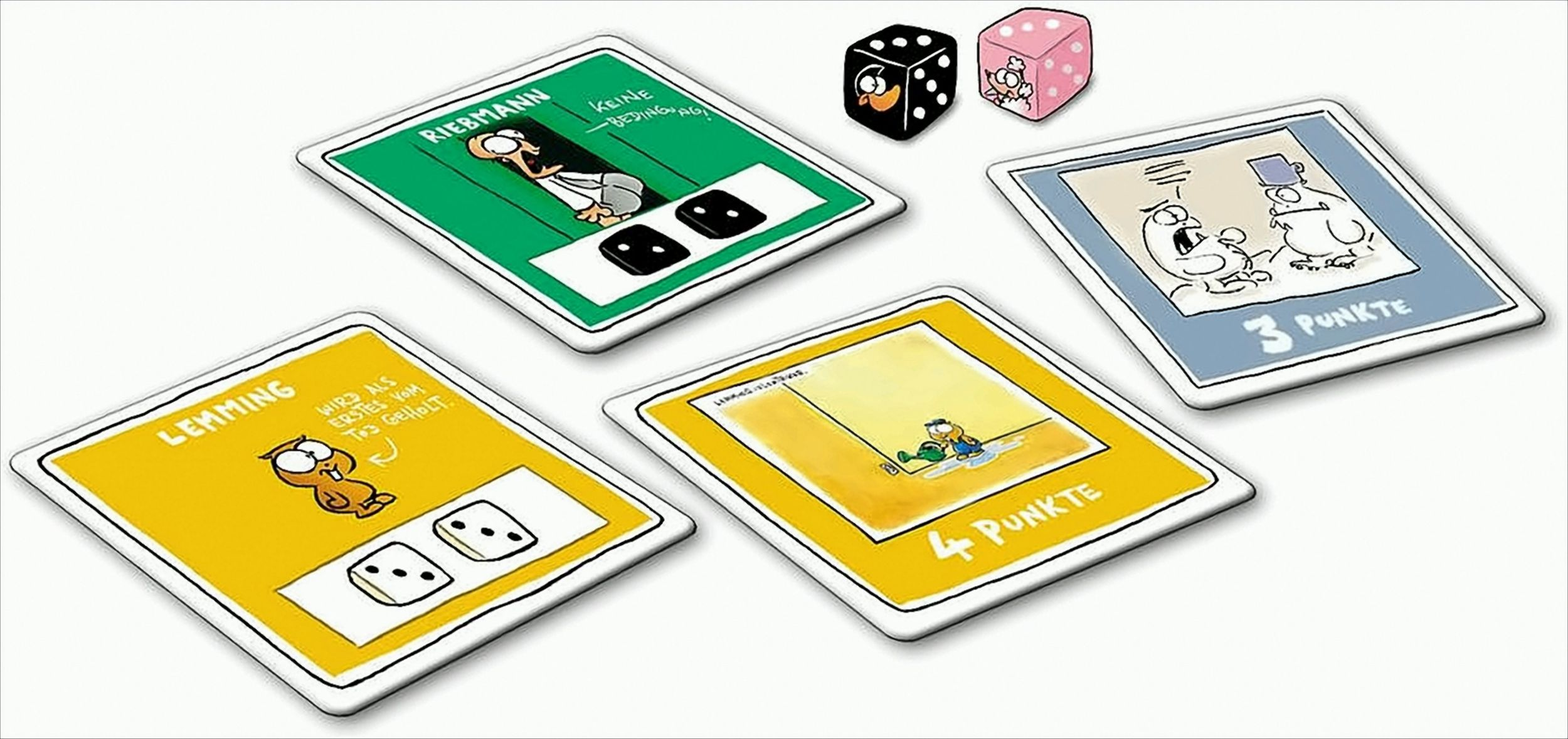 Brettspiel mit Karten und Würfeln. Die Karten haben Illustrationen und Text, mit Würfeln.